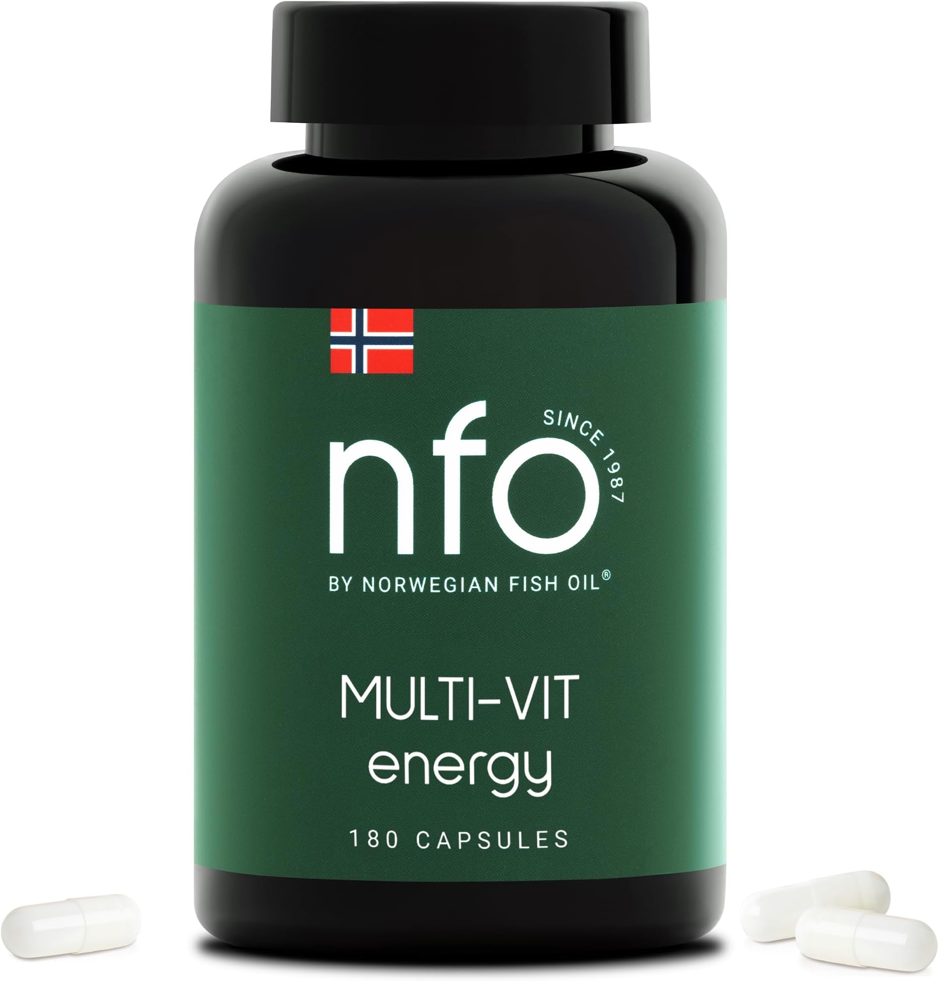 NFO Multi-VIT Energy [180 Capsules] Norwegian Fish Oil Natural high-dose Complex Each Vitamin and Mineral in Our Multivitamin is calibrated for Maximum Synergy Made in Norway