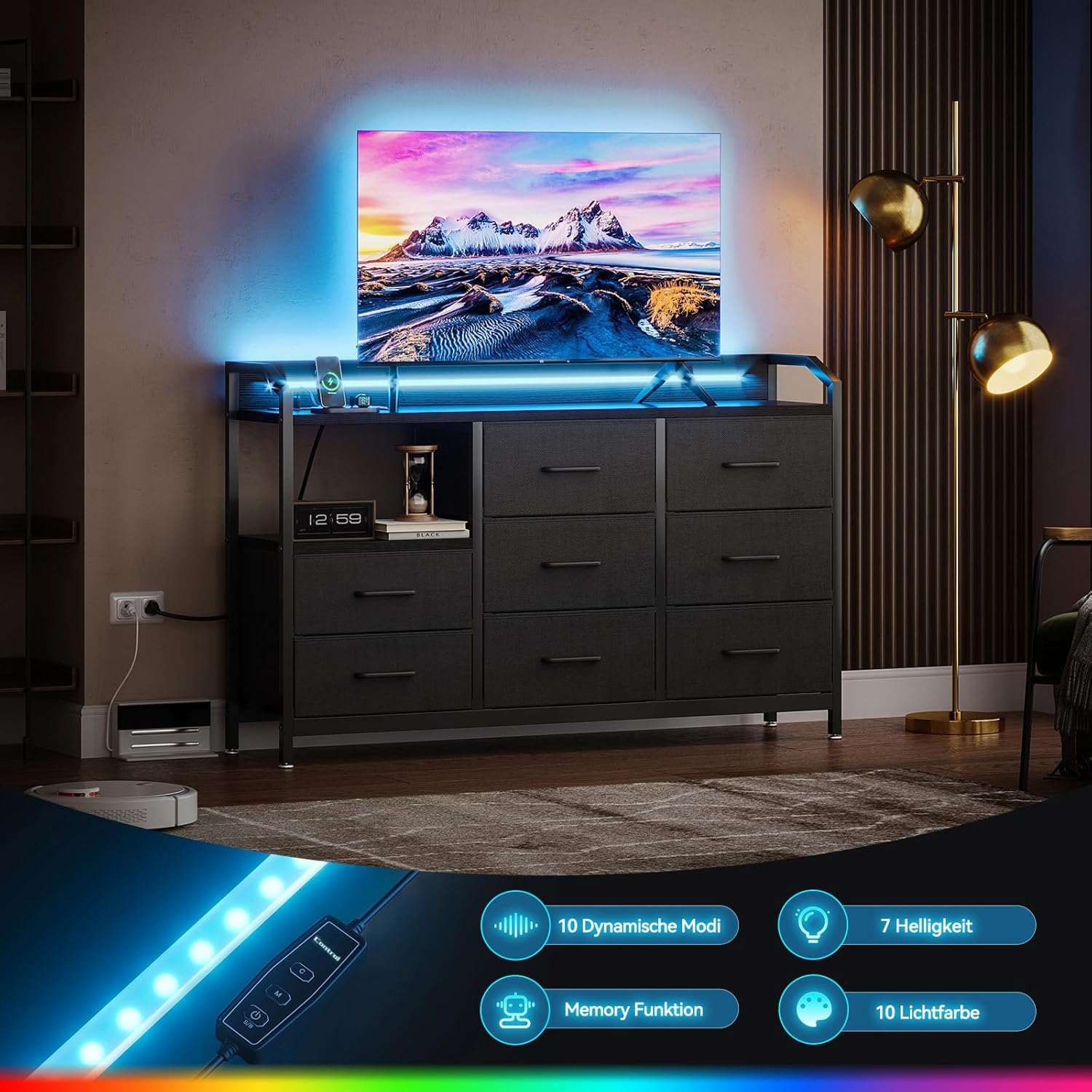 ODK BLACK DRESSER WITH 8 DRAWERS LED LIGHTS AND AC OUTLETS