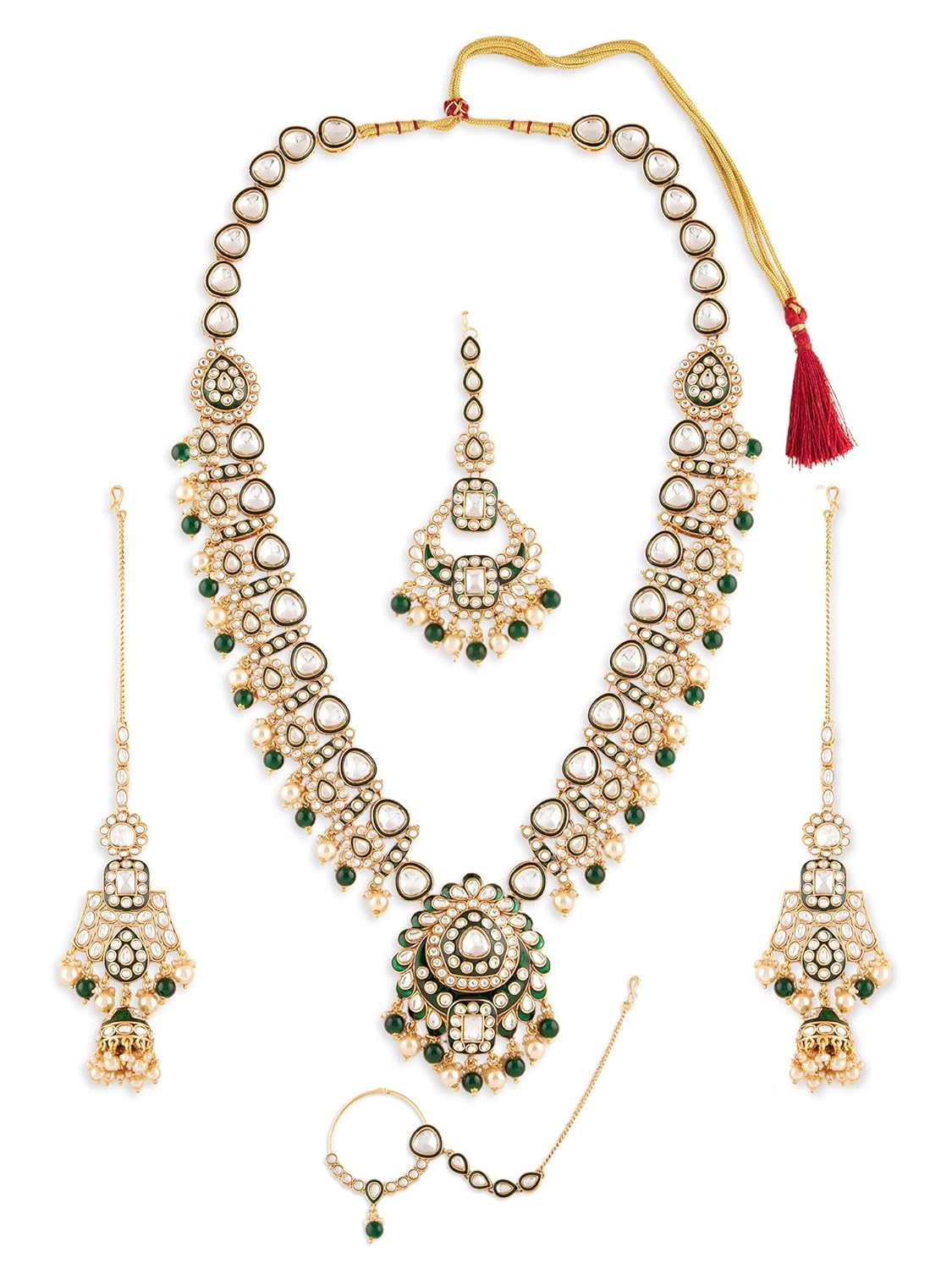 ZAVERI PEARLS Green Meenakari Beads Drop Dazzling Stones Bridal Long Necklace Earring Maangtikka & Nose Ring Set For Women-ZPFK21698