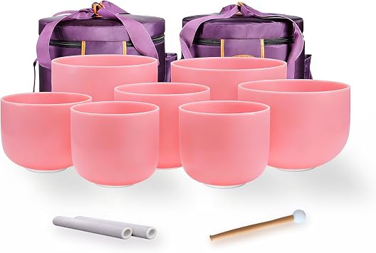 TOPFUND 7-12 inch Chakra Set of 7 Pink Crystal Singing Bowls with Heavy Duty Carrying Case and Singing Bowl Mallets