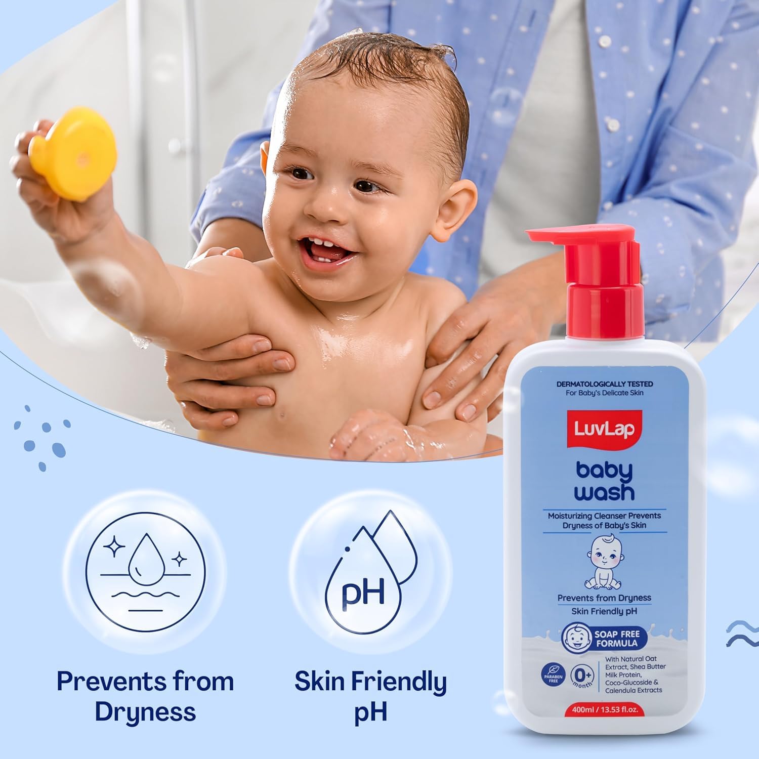 RD-LuvLap Baby Wash | Soap-Free Gentle Baby Body Wash with Milk Protein, Oatmeal, Shea Butter & Vitamin E | pH Balanced, Paraben-Free, Moisturizing Baby Bath Cleanser | 13.5 fl oz