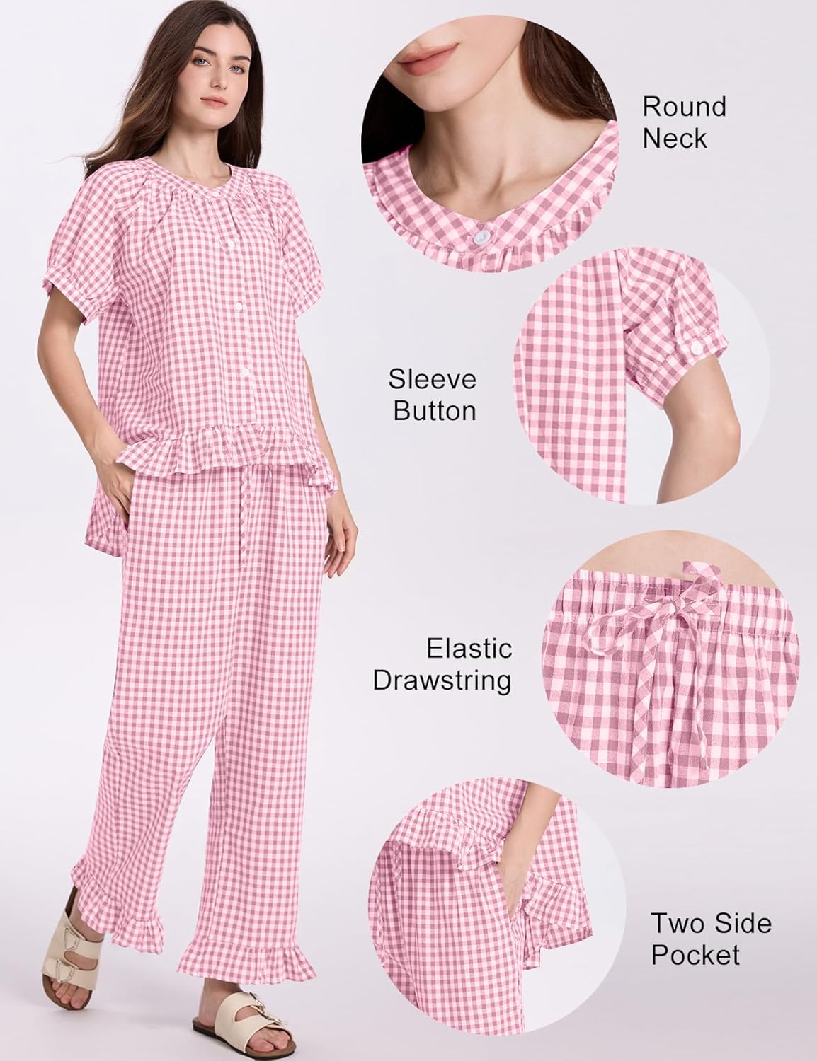 COZYPOIN Womens Gingham Pajama Set 2 Piece Plaid Cotton Pjs Cute Ruffle Sleepwear Maternity Bridesmaid Pajamas Loungewear - Image 5