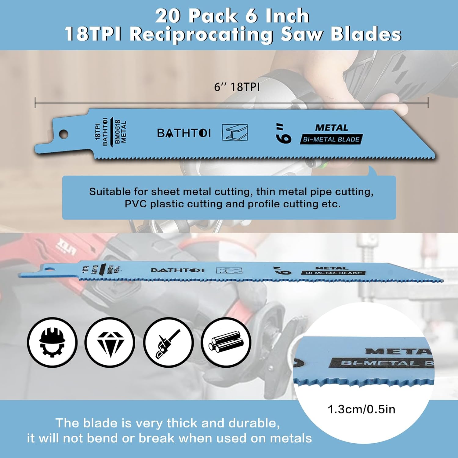 20 Pack 6 Inch 18 Tpi Reciprocating Saw Blades with 8% Cobalt for Longer Life and Faster Cutting Speed, Bi-Metal Sawzall Blades for Sheet Metal, Pipes, PVC Plastic, Profiles Cutting