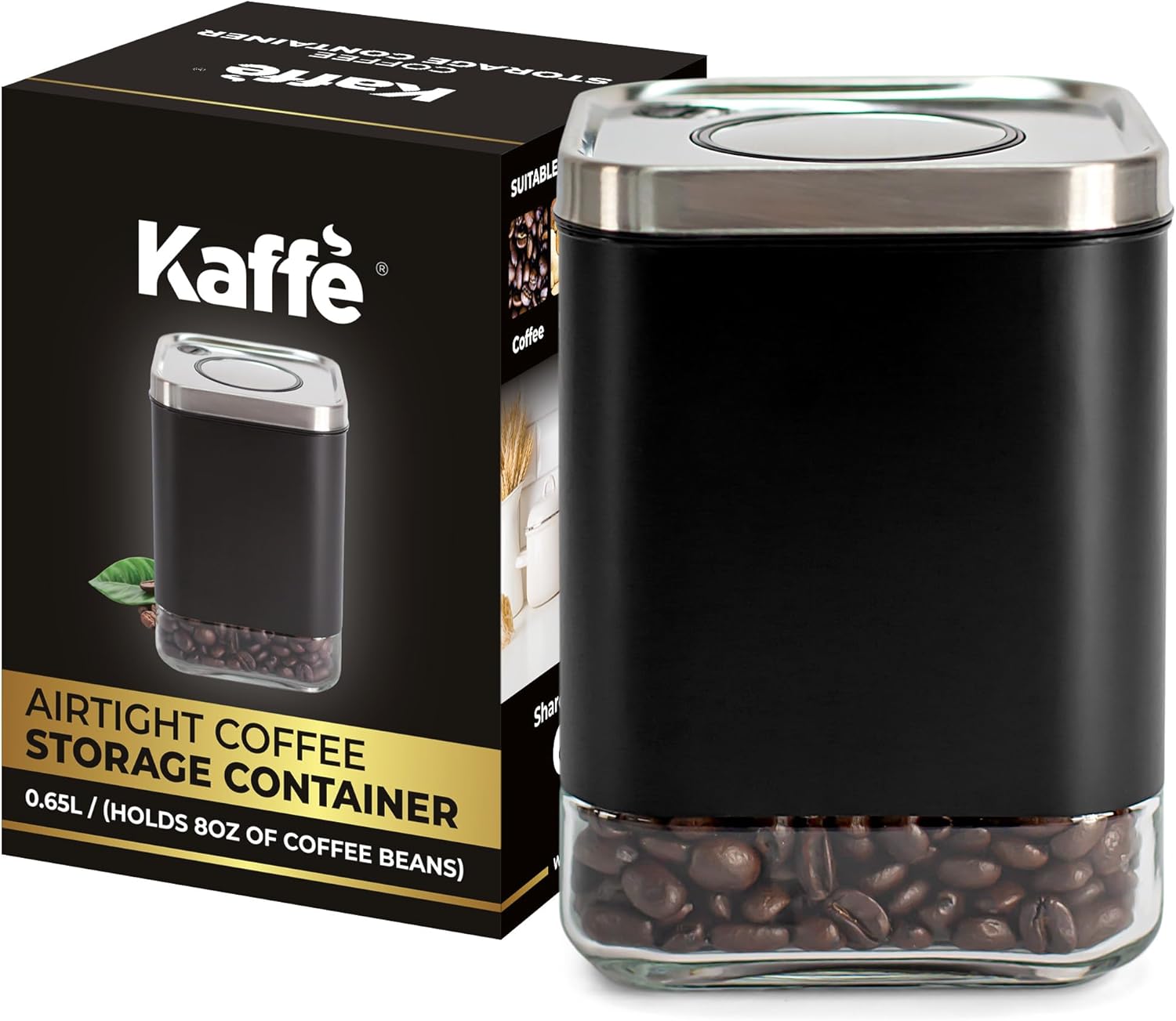 Kaffe Glass Coffee Canister (8oz) w/Airtight Lid – Click to Release Seal – BPA Free Glass & Stainless Steel – Elegant Kitchen Storage Container for Coffee, Nuts, Rice, Flour, Sugar, Tea, Cereal