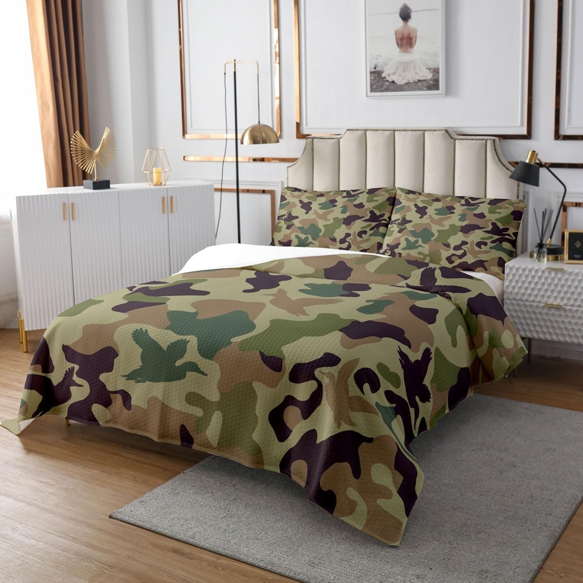 Erosebridal Camo Coverlet Set Twin Size Army Green Bedspread for Kids Farmhouse Camouflage Hunting Quilted Coverlet Vintage Brown Room Decor Wild Duck Rustic Animal Quilted