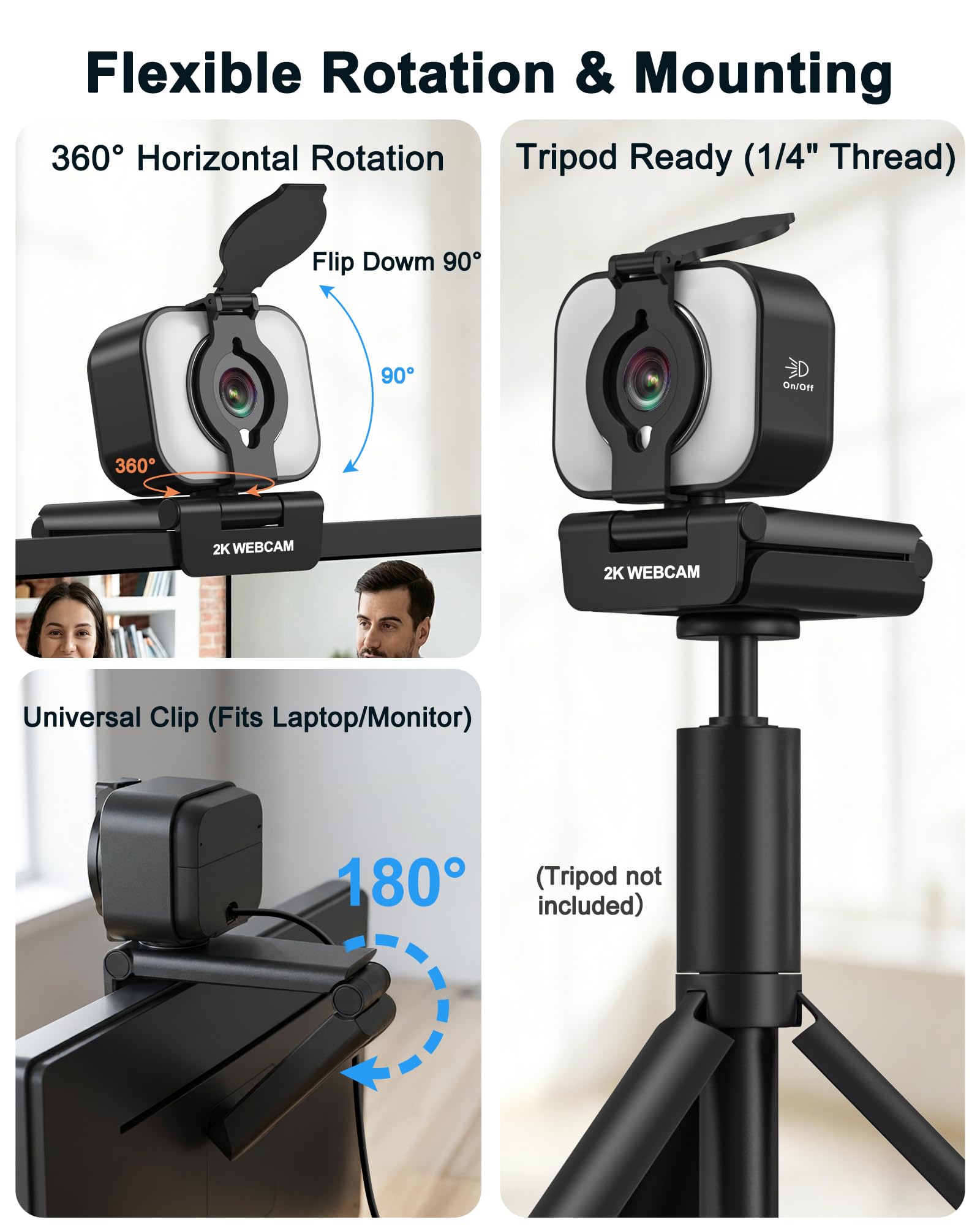 Atatat Webcam 2K per PC con luce, microfono, copertura privacy | Telecamera Web autofocus per desktop/laptop/monitor/Mac, fotocamera per Zoom/Skype/team/videochiamate/riunioni