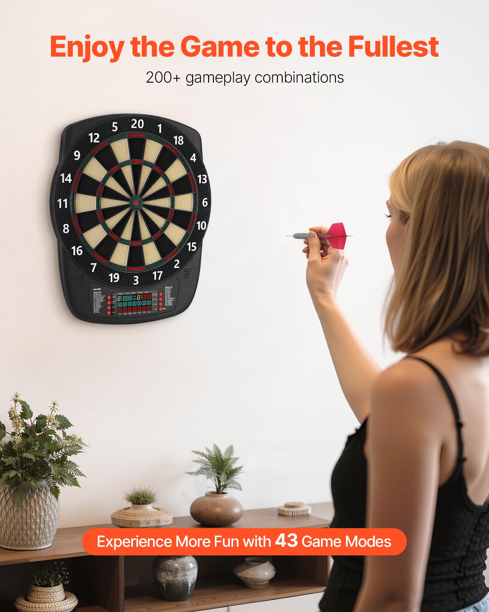 VEVOR Diana Electrónica 43 Juegos 200 Variantes 8 Jugadores 6 Ejes Dardos Marcador LCD PP ABS 517 x 424 x 30 mm