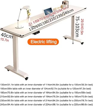 Electric Bed Table Height Adjustable Overbed Table with Wheels, Mobile Over Bed Desk with Adjustable Stand, Mobile Laptop Cart Computer Desk for Bed Office(White,150cm/59'')