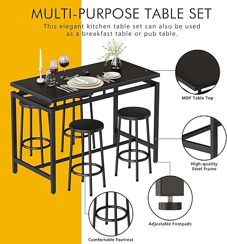 Miniatura 10 de Hooseng Juego de mesa de comedor de 5 piezas, mesa de cocina industrial y sillas para 4, juego de mesa de bar de altura para 35.4 pulgadas, mesa de