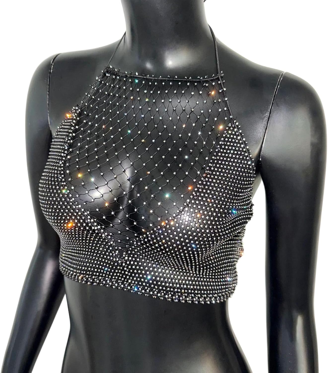 Black Mesh Rhinestone Halter Tank Top Sexy Crystal Hollow Out Fishnet Backless Body Chain Jewelry for Women Rave Party Nightclub Crop Top