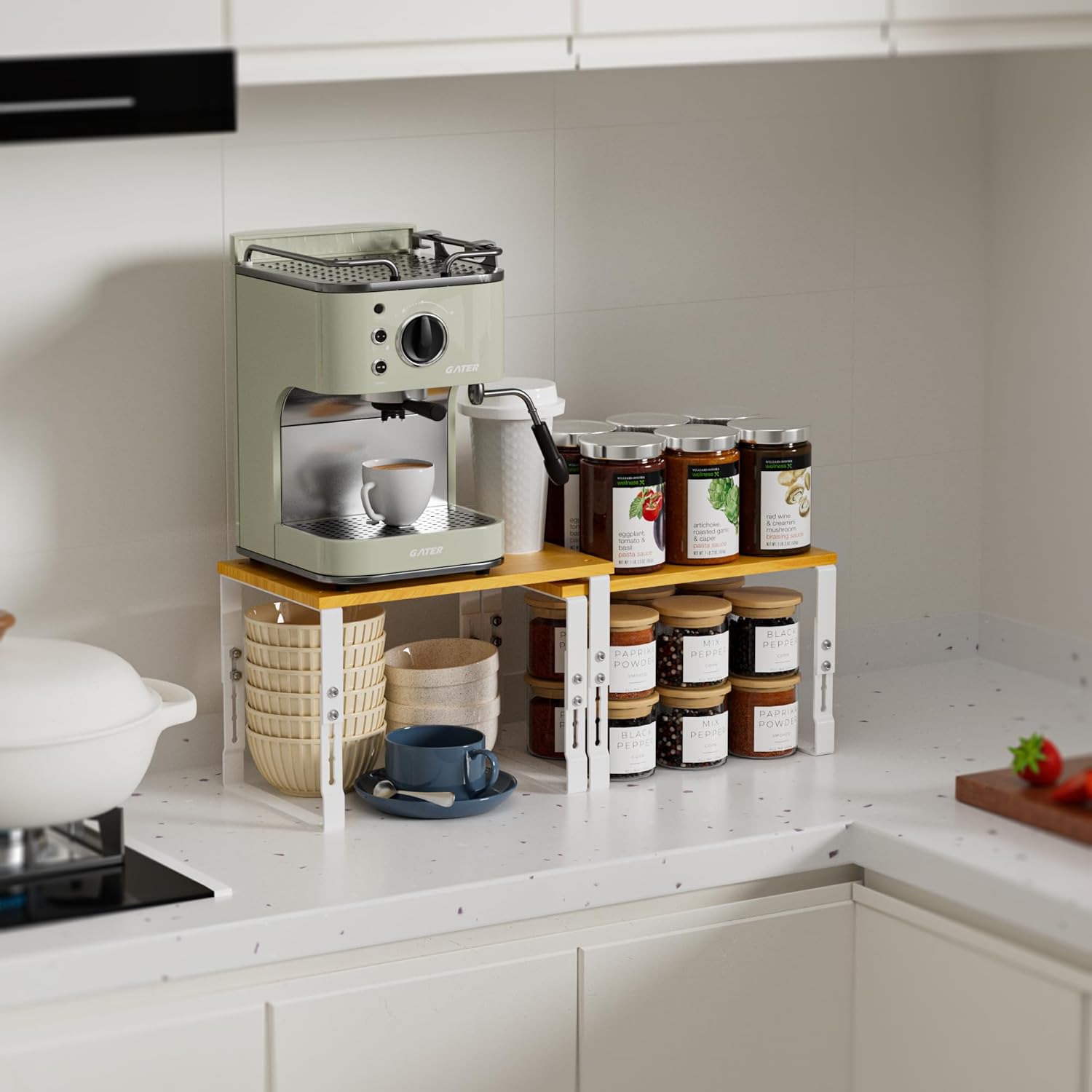 Kitchen Cabinet Organization Shelf，Set of 2 Height Adjustable Storage Racks，Stackable，Expandable，Countertop Shelves Organizer，Pantry Shelving（2PACKS/Medium/White