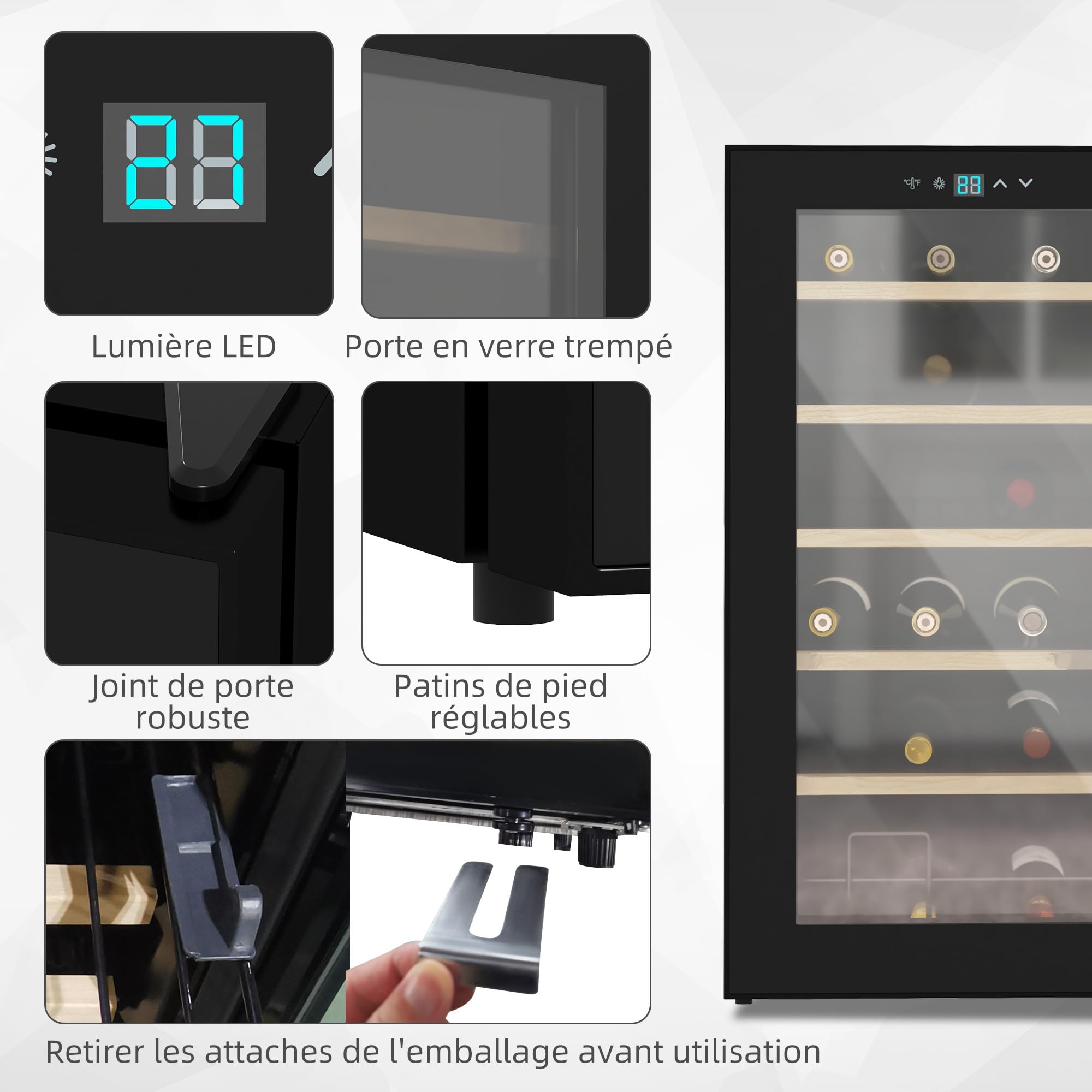 HOMCOM Cave à vin 24 bouteilles 65L, réfrigérateur à vin silencieux température réglable 5-20° LED noir