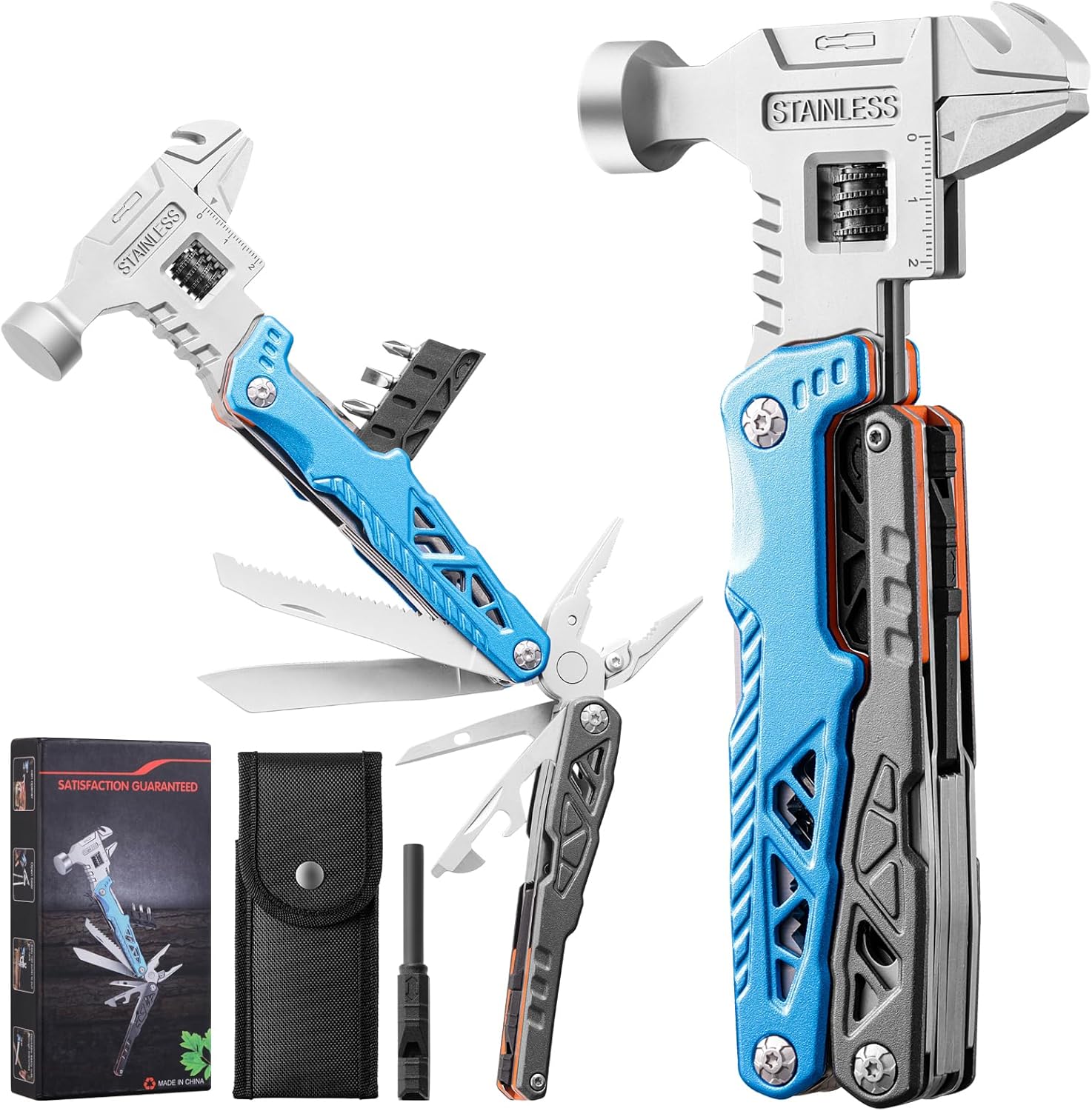 18-in-1 Multitool with Hammer & Adjustable Wrench, Heavy-Duty Stainless Steel Folding Multi Tool Pliers for Camping, Survival & Emergency, Practical Gifts for Men & Dad (Blue)