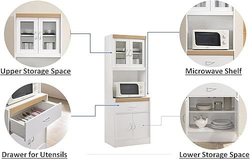 Miniatura 6 de Armario de cocina de pie largo con espacio cerrado superior e inferior un cajón gran espacio abierto para microondas blanco