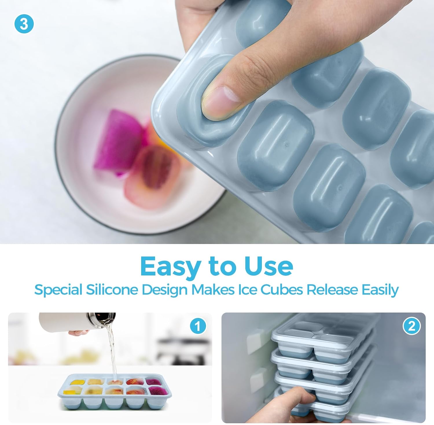 Ice Cube Tray with Lids - Staable Silicone Ice Trays for Freezer,