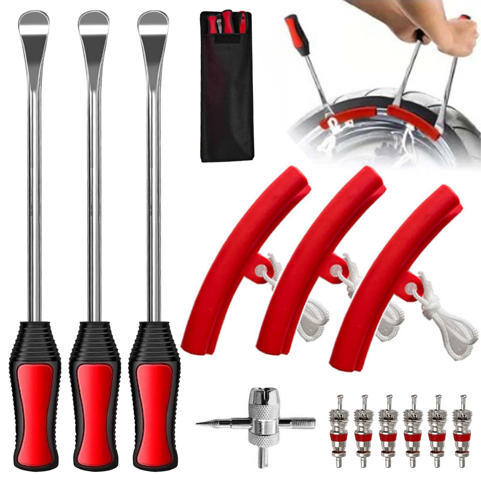 Kit Smontagomme Moto, Leve per Gomme Lunghe in Acciaio con Protezione Cerchi - Set Cambio Gomma per Motorino, E-Scooter e Bici - Include Leve, Proteggi Cerchi, Chiave Valvole e Borsa