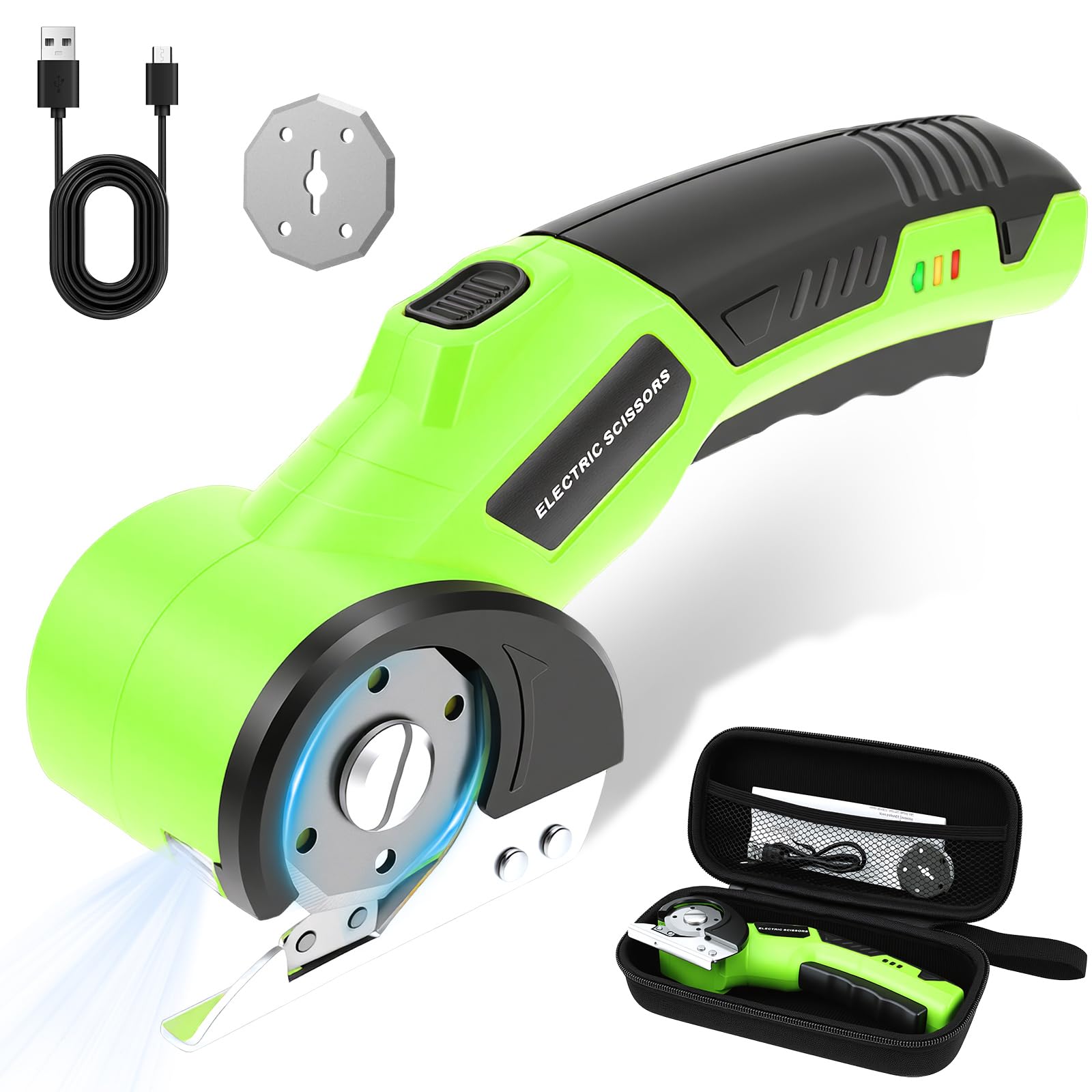 Rechargeable Electric Box Cutter with 2 Blades, High-Precision Cordless Electric Scissors Cardboard Cutter with Safety Lock, Type-C Charging & LED for Carpet Plastic Fabric Leather Cardboard (Green2)