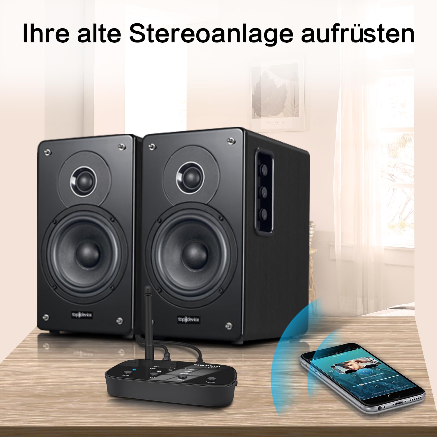 SIMOLIO JH-212A Bluetooth Empfänger für Stereoanlage, Bluetooth Audio Adapter Receiver mit Cinch & 3.5mm AUX, aptX Low Latency und aptX HD, Bis zu 197 Fuß Lange Reichweite