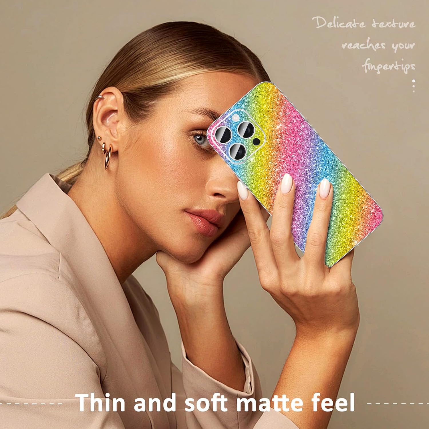 3PCS Sparkling Skin Protector for iPhone, Kucheed Bling Glitter Shiny Grain Full Cover Edges Sticker, Precise-Fit Back Protector/Luxury Wraps/Bling Phone Decorations for iPhone 15 image 3