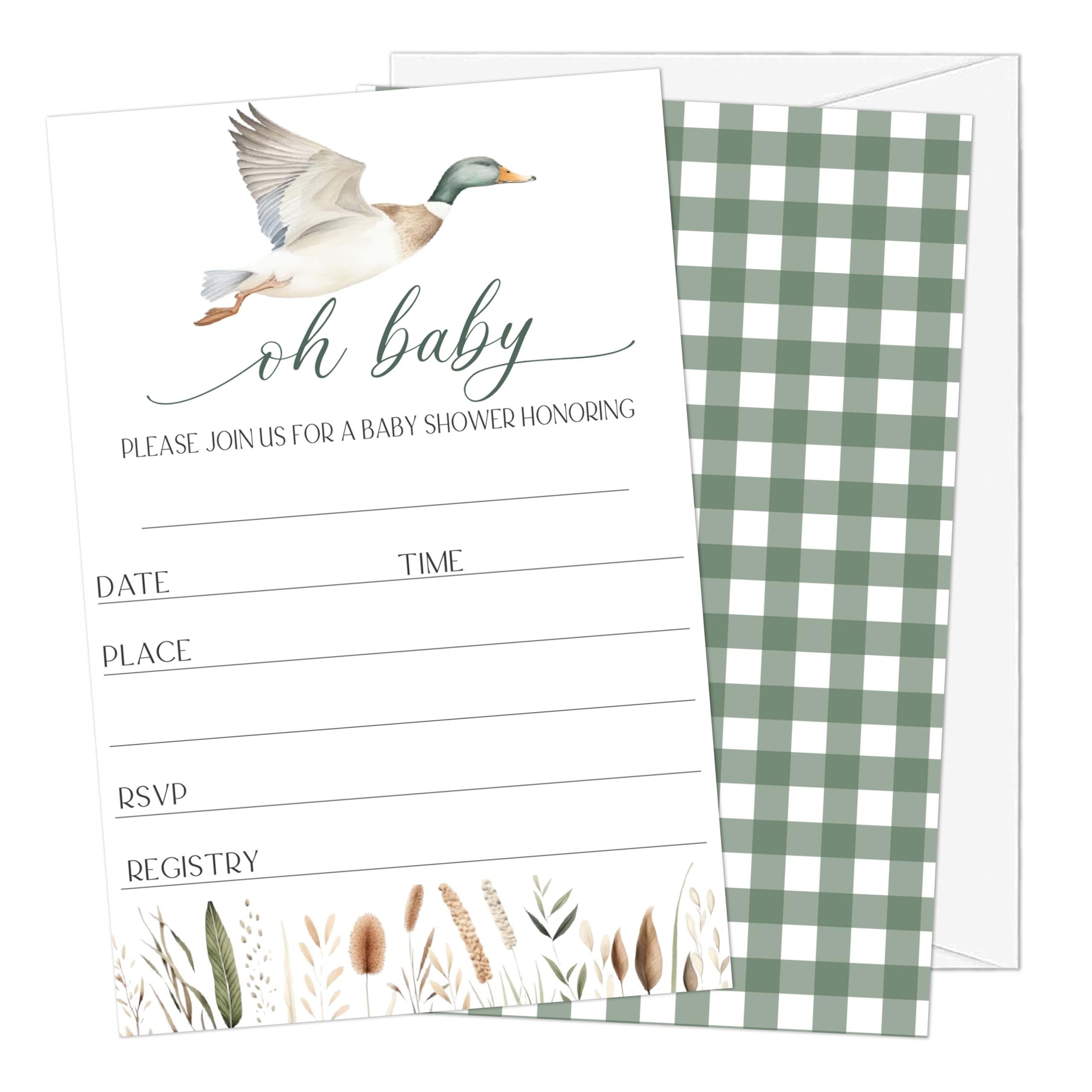 Gsauto Baby Shower Invitations, 25 Sets Greenery Double-Sided Gender Reveal Invites with Envelopes, Mallard Duck Invitation Cards for Party Favor