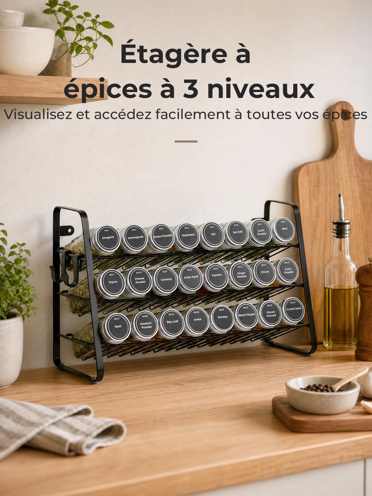 FOHERE Rangement Epices Cuisine à 3 Niveaux avec 24 Bocaux en Verre