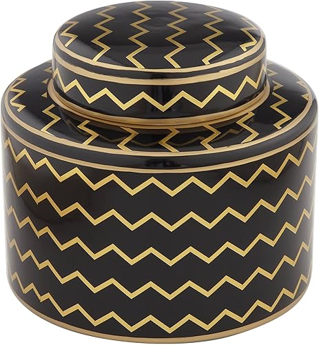 Studio 55D Zig Zag Black and Gold Tarro decorativo de 7 pulgadas de alto con tapa