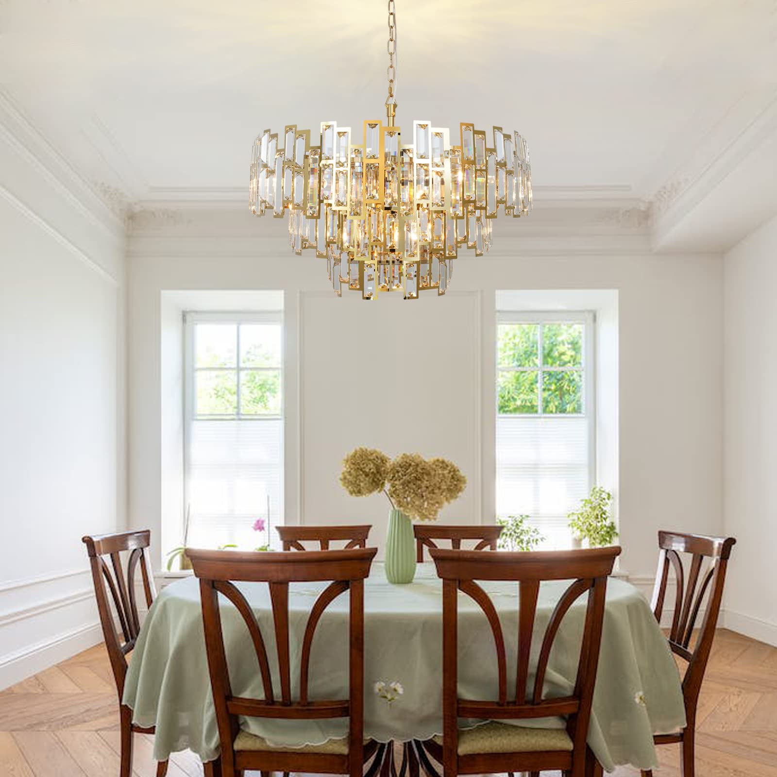 OSAIRUOS Crystal Chandelier Plated Gold Modern Round Chandeliers for Dining Room Bedroom Kitchen Entryway Chandelier Contemporary Pendant Ceiling Light Fixture Hanging W24.4 10-Light 3-Tier