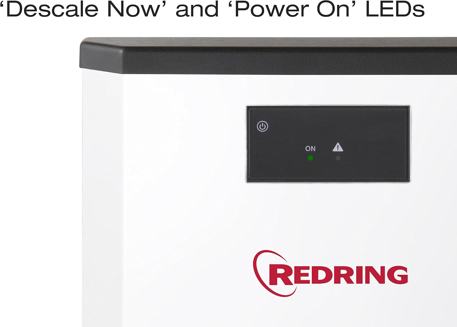 Close-up view of the Redring SensaBoil control panel, showing the 'ON' button, 'Power On' LED (green), and 'Descale Now' warning LED.
