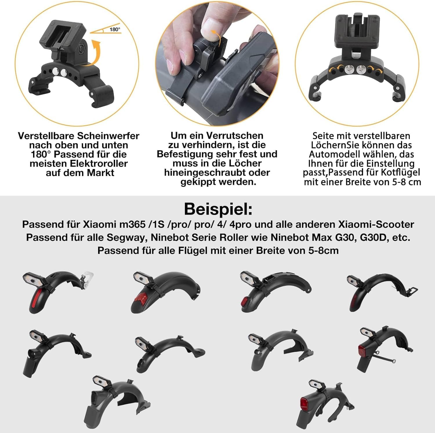 Blinker E Scooter, IPX4 USB Wiederaufladbar E Scooter Blinker mit Funkfernbedienung & Automatische Bremsanzeige & Kurvenwarnung, mit 5 Modi, Roller Zubehör für Xiaomi M365/Pro2/1S Ninebot G30/G30D