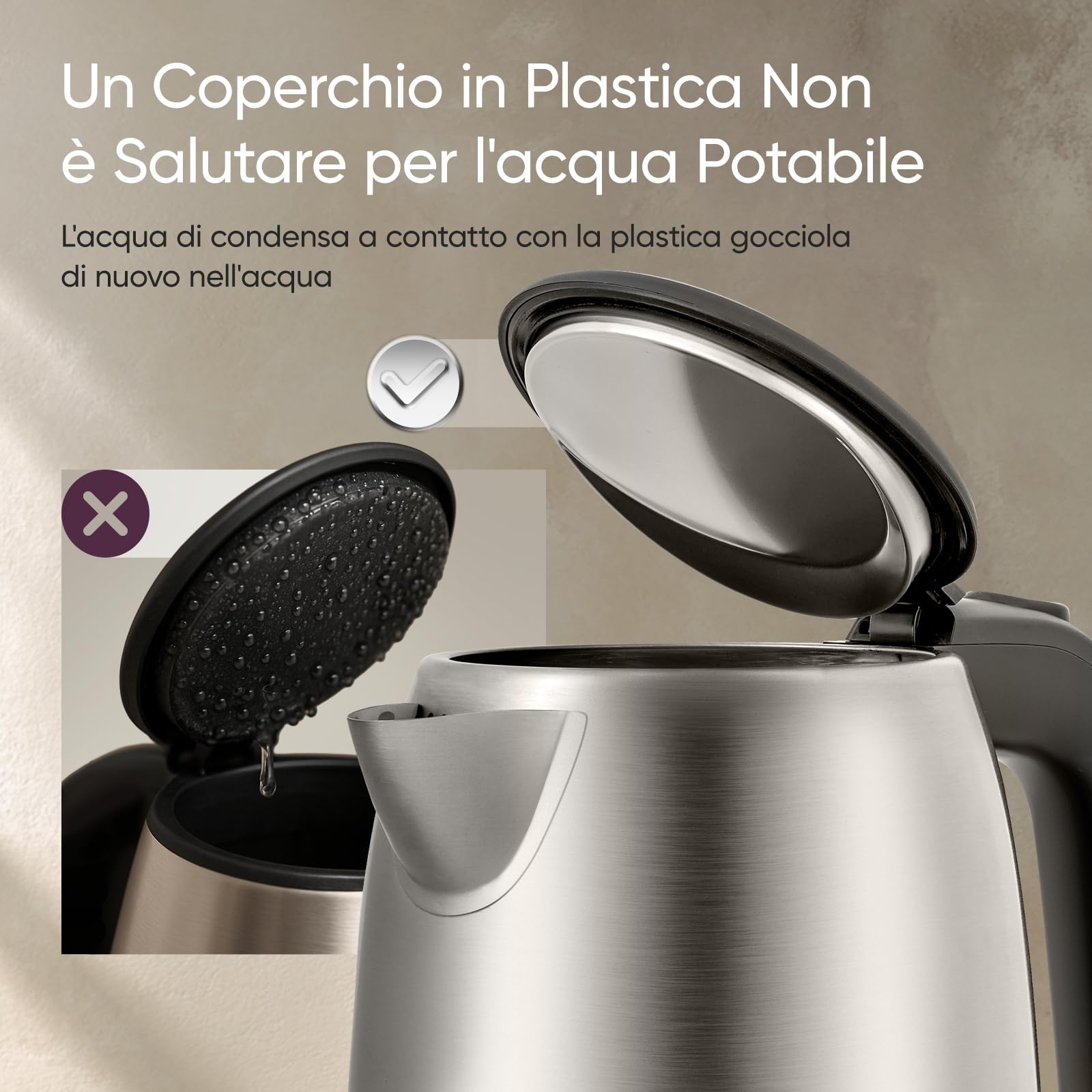COSORI Bollitore Elettrico in Acciaio Inox 1,7 Litri, Contatto con l'Acqua Senza Plastica, 2200 W, Tecnologia del Strix, Base Girevole a 360°, Argento-Nero