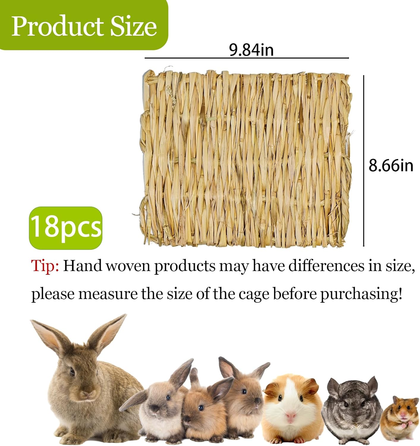 kathson 18 PCS Bunny Grass Mat,Rabbit Natural Straw Woven Bed,Small Animal Hay Nest Sleeping Mat &Chew Toys for Hamster Bunny Chinchilla Guinea Pig Mouse Bird and Other Small Animal