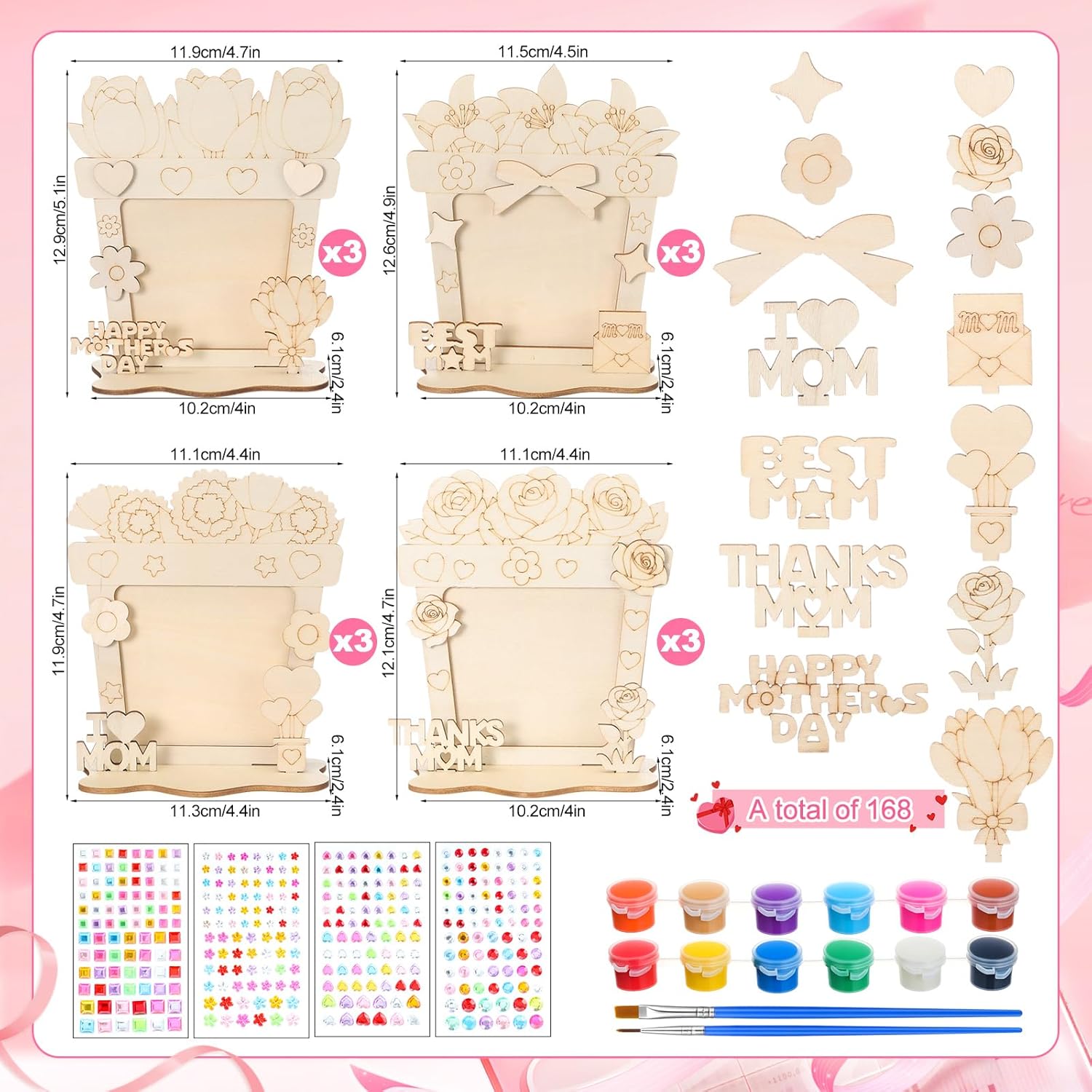 Blueweenly 12 Set Mother's Day Crafts Kit DIY Picture Frames with Small Wooden Signs Paints Diamond Stickers Color Your Own Wood Frame Gifts for Mother's Day Craft Activities Art Project