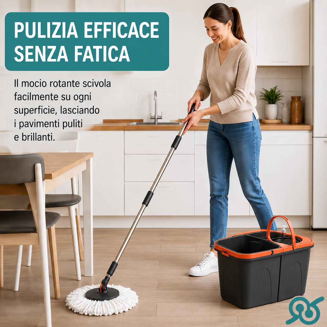 Tempo DI SALDI Juego de fregona giratoria con Doble Cubo, Cesta Inoxidable y 2 paños de Microfibra