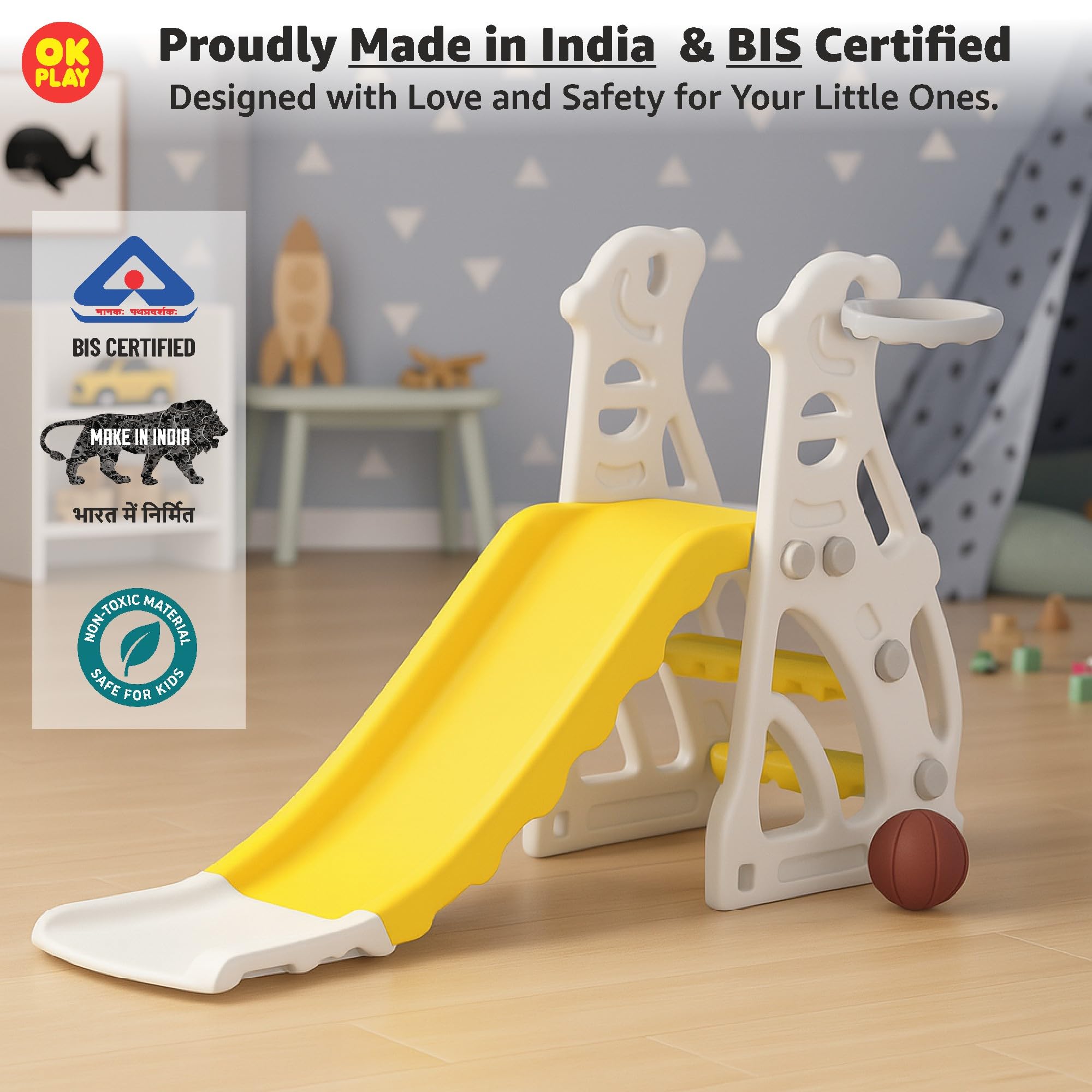 OK PLAY Penguin Slide for 2–4 Year Kids | Indoor Outdoor Slide with Basketball Ring | Easy to Clean | Rounded Edges | Easy Assembly | Small 131 X 61 X 85 cm | Yellow & White 4