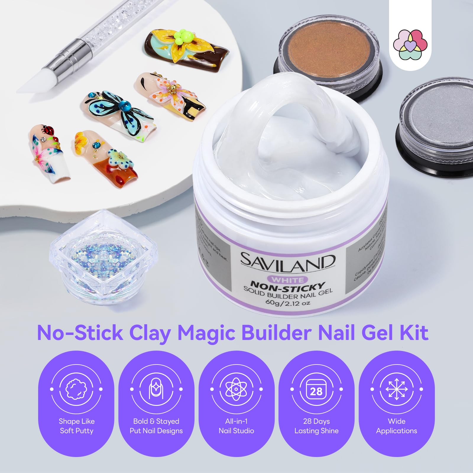 Saviland Solido Sculpture Builder Gel, 60g Sculpture 3D Gel per Nail Art con 2PCS Polveri Cromate per con e Strumenti Kit Gel Costruzione Estensione per Unghie per Fai da Te a Casa