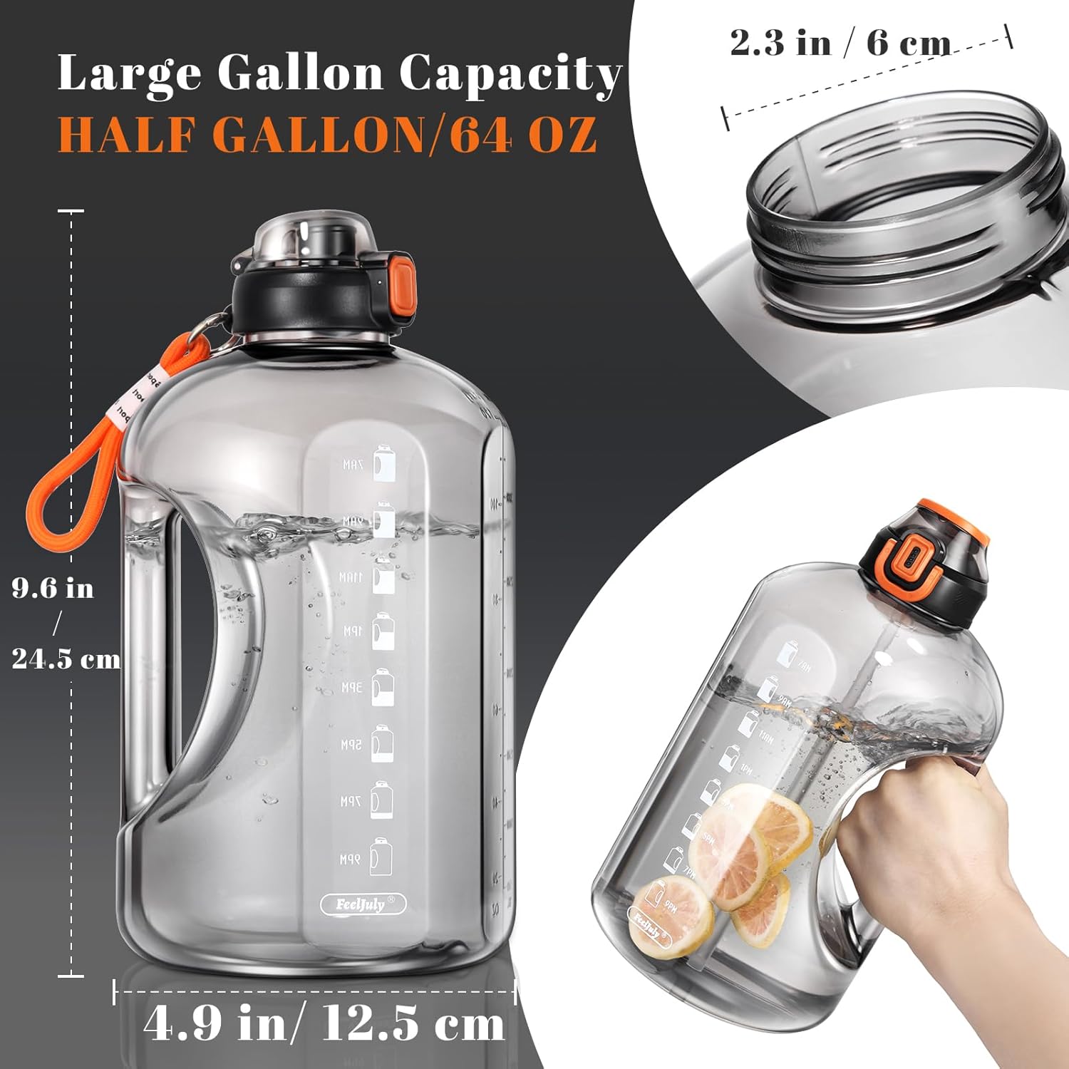 64 OZ Water Bottle with Straw, Half Gallon Water Bottle Times to Drink, Reusable Leak Proof Water Jug Handle with Strap, 2 Lids BPA Free for Fitness Gym Camping (Grey, 64 Ounces) - Image 3