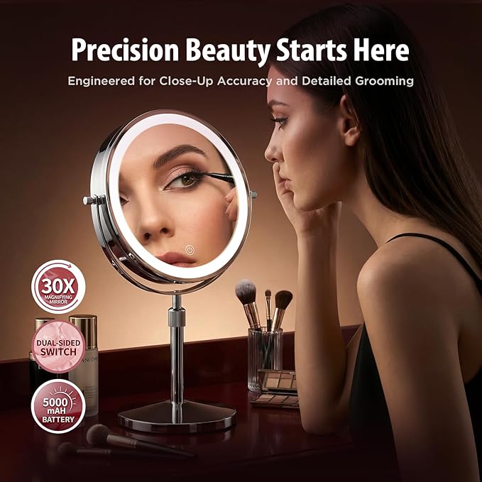 Espejo de Maquillaje con Luz LED, 1X/30X Aumento, 9 Pulgadas, Redondo, Recargable miniatura 8