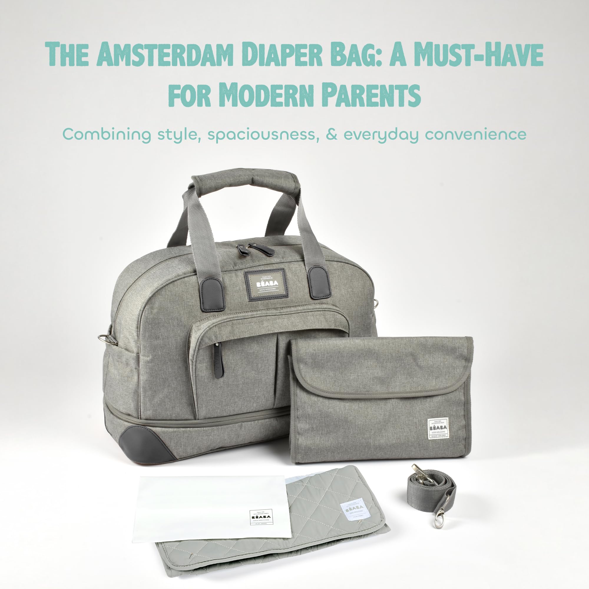 BÉABA, Sac à Langer Amsterdam II, Sac Voyage XXL 50L, Bandoulières Amovibles, Trousse de Toilettes, Matelas à Langer, Sac à Linge Sale, Multiples rangements, Gris Chiné
