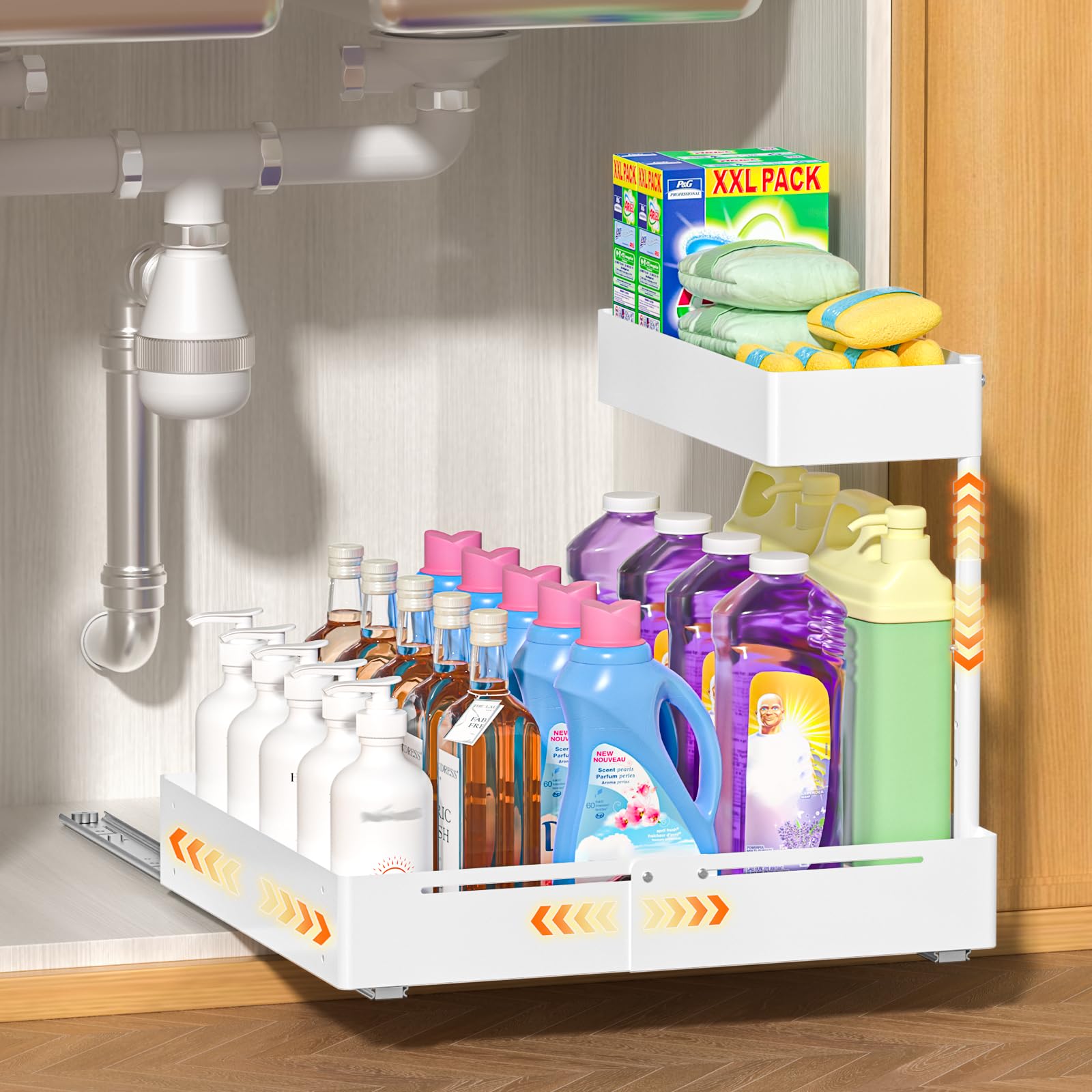 YJHome 1 Pack Expandable Metal Under Sink Organizer, 2 Tier Pull Out Cabinet Organizer with Smooth Ball Bearing Slides, Adjustable Height Cabinet Storage Shelves for Kitchen, Laundry, Pantry, White
