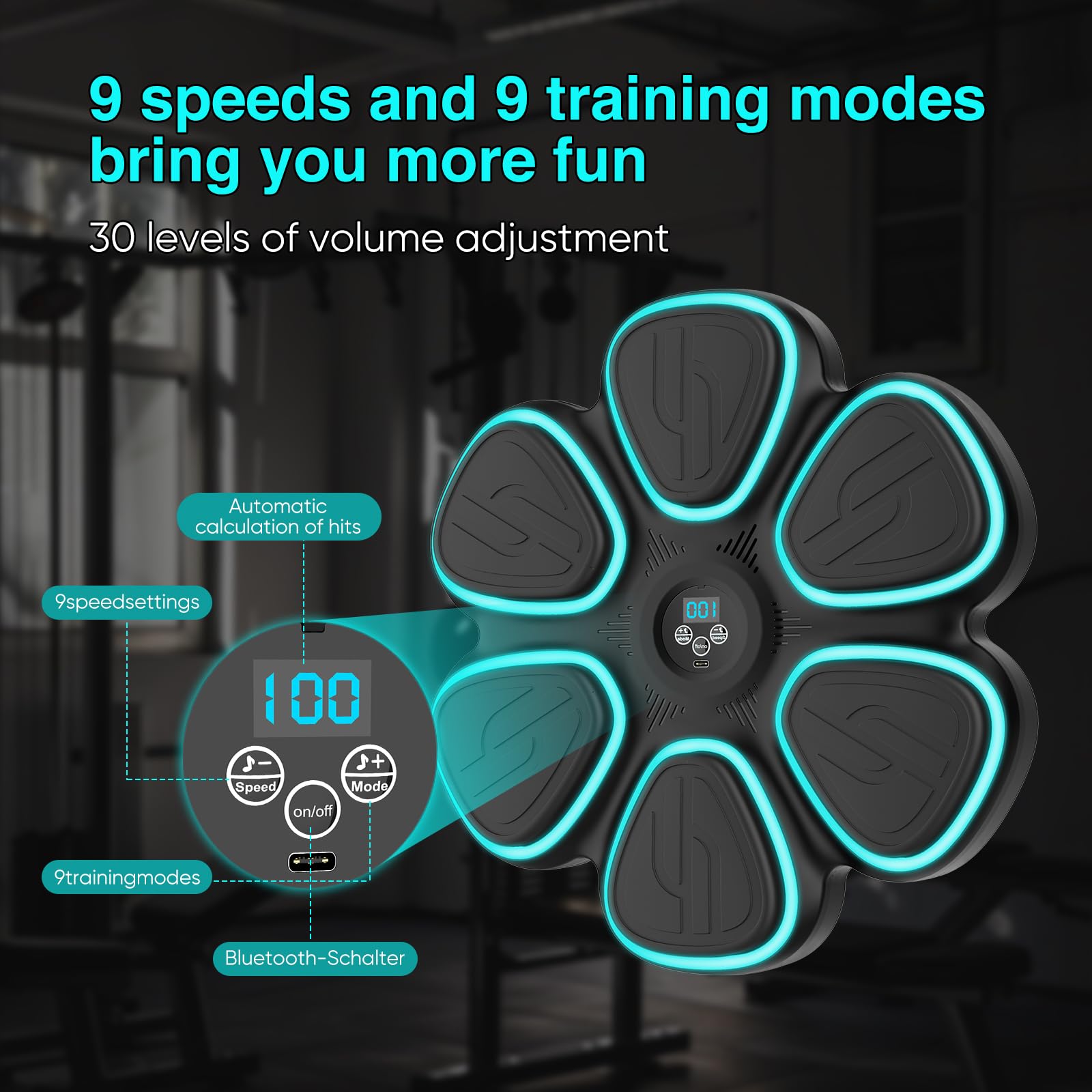 Music Boxing Machine, Bluetooth Elektronische Boxmaschine mit 2 Paar Boxhandschuhen, 9 Geschwindigkeits und Trainingsmodi, Zählmodus, LED Licht Musikboxing Maschine für Erwachsene und Kinder (Schwarz)