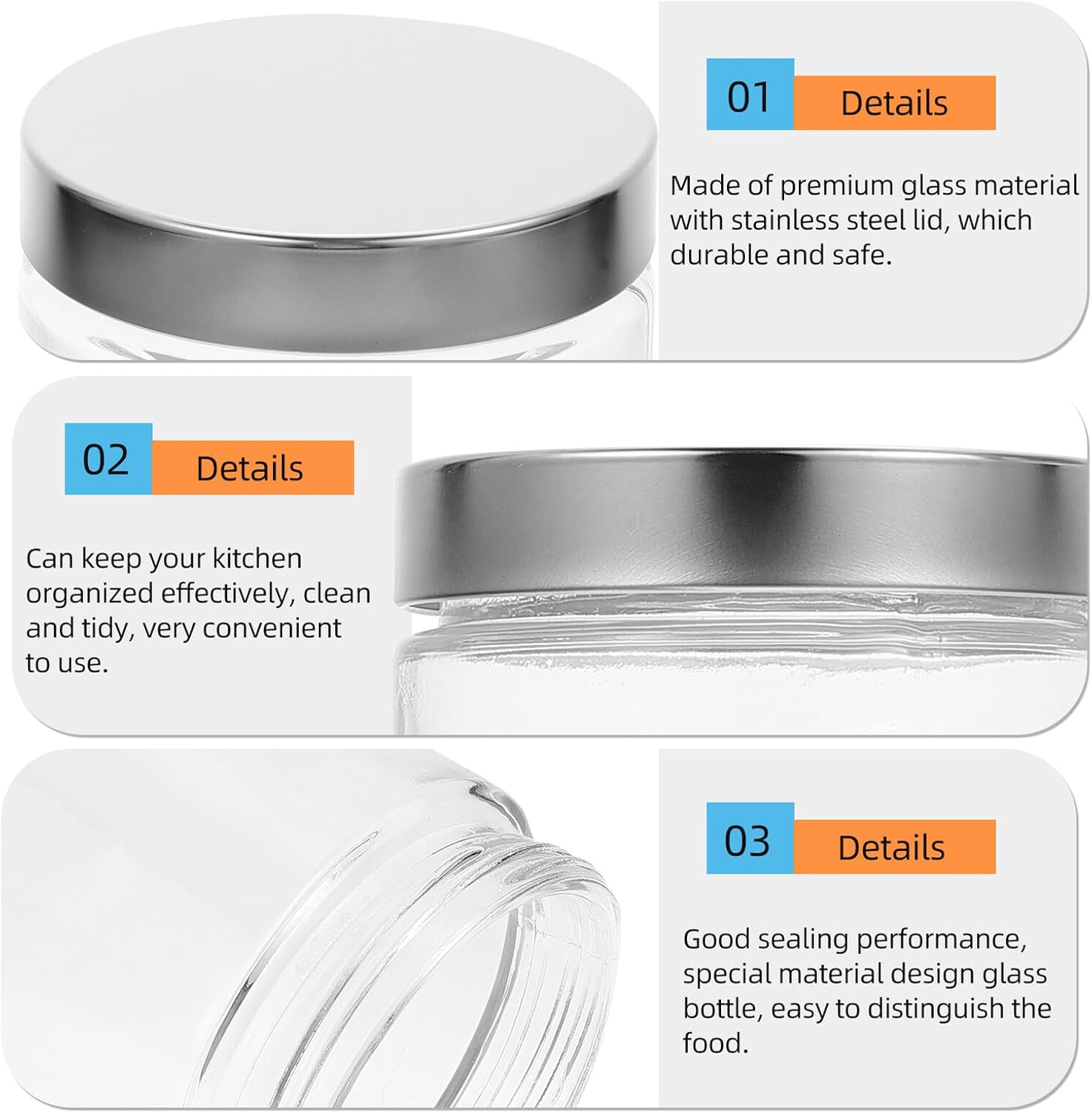 KICHOUSE 3pcs Stainless Steel Lid Glass Storage Jars Set 800ml+1100ml+1700ml Large Capacity Airtight Food Canisters for Kitchen Pantry Whole Grains Tea Storage