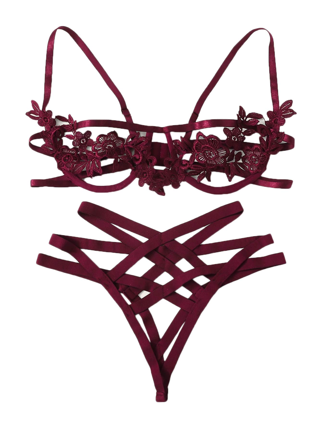 SheIn Women's Cut Out Harness Detail Lace Appliques Underwire Wireless Lingerie Set