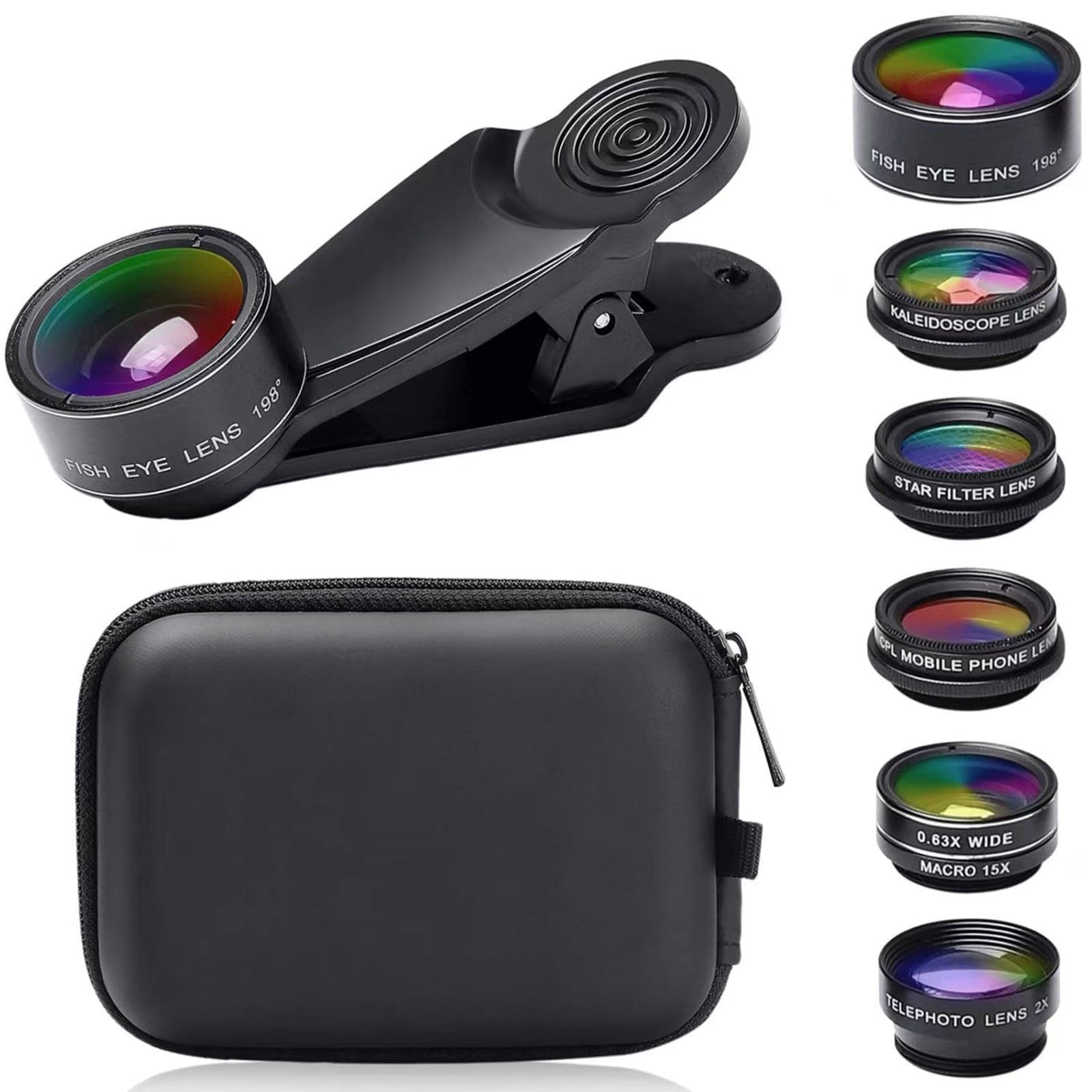 Lente per smartphone, 7 in 1 Universale Obiettivo per cellulare, Lente grandangolare, Obiettivo Macro, fisheye lens, caleidoscopio, zoom/CPL/Star lens, per alle smartphone (M)