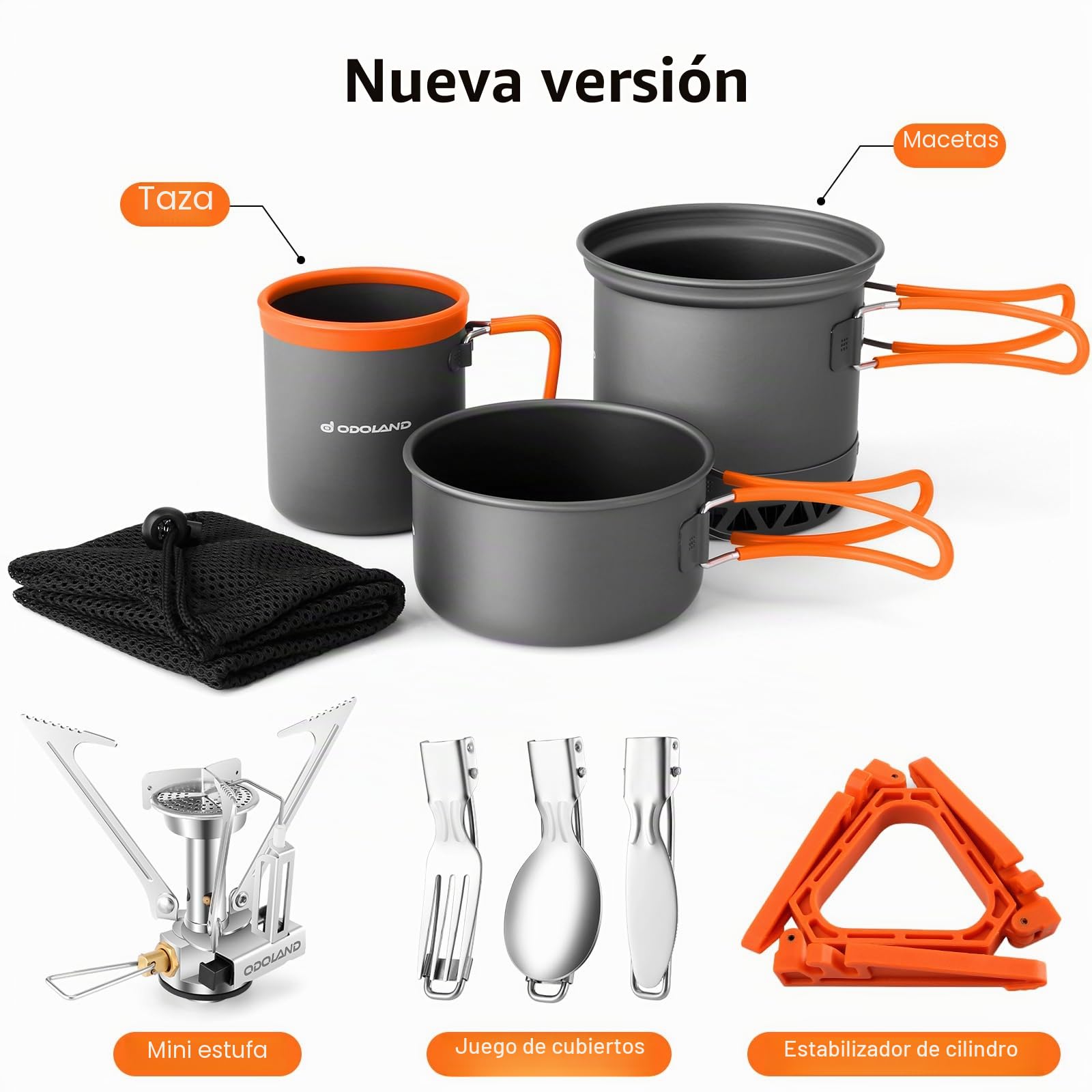 Odoland Kit de utensilios de cocina para camping, kit de 6 piezas de aluminio con olla antiadherente, mini estufa, taza, cubiertos y bolsa de almacenamiento, diseño de intercambiador de calor de alta