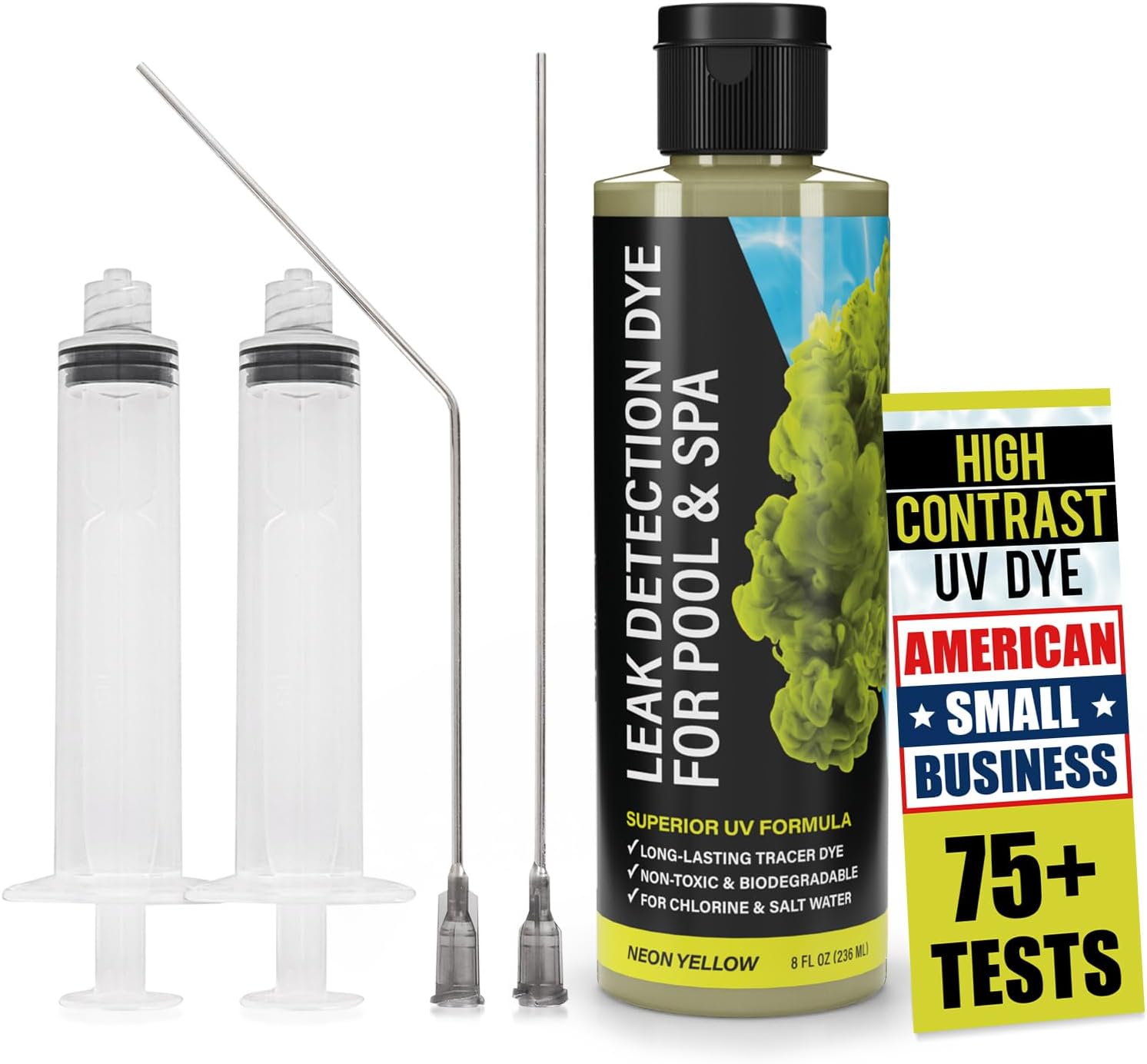 Pool Leak Detection Dye Kit - with 2 Precision Applicators - 75+ Tests - Superior Long Lasting UV Pool Dye Easily Locates Leaks - for All Pool, Spa, & Hot Tub Types - 8 OZ (Fluorescent Yellow)