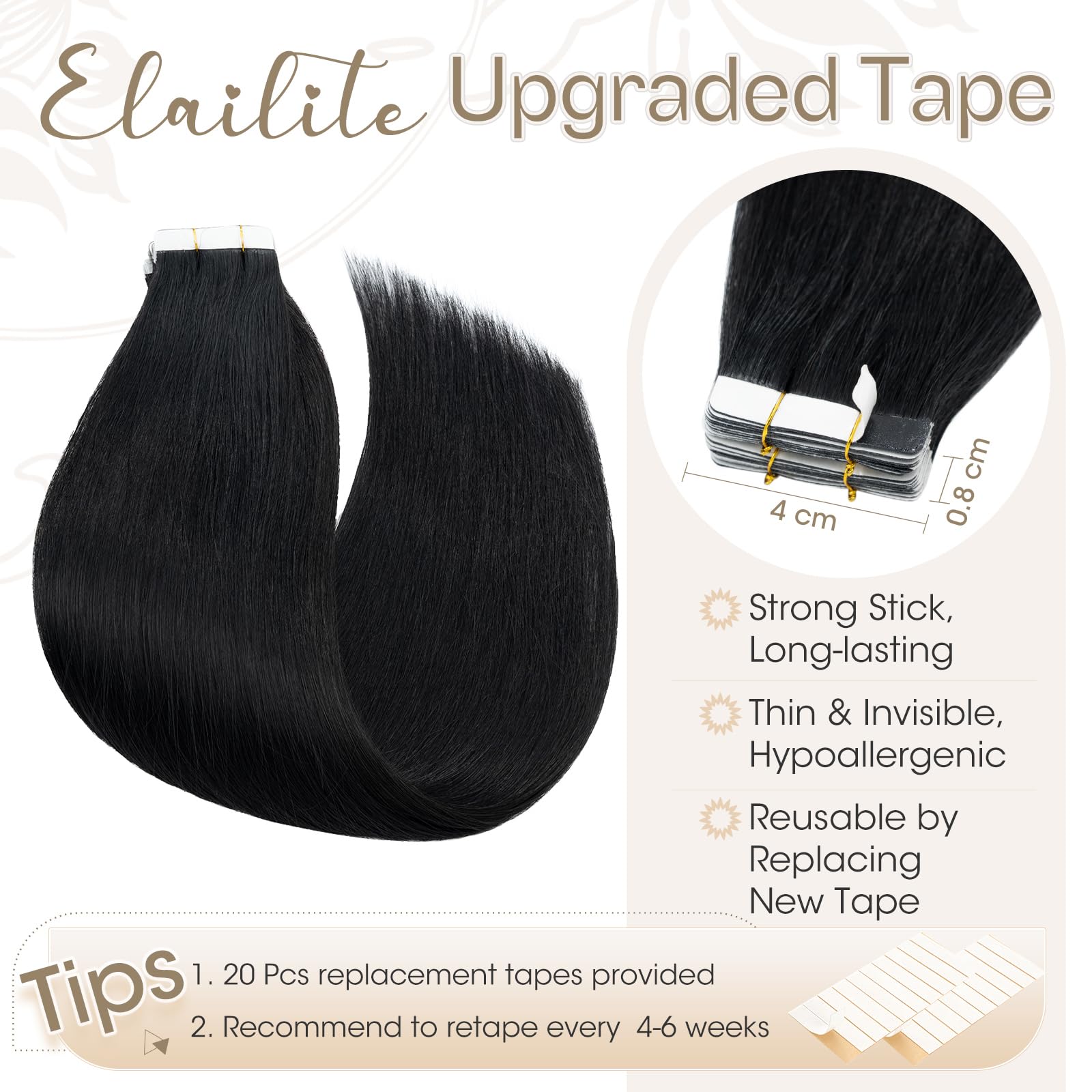 Elailite Tape in Extensions Human Hair 40 Pcs Invisible Thin Type (1.5g/pcs) - Image 3