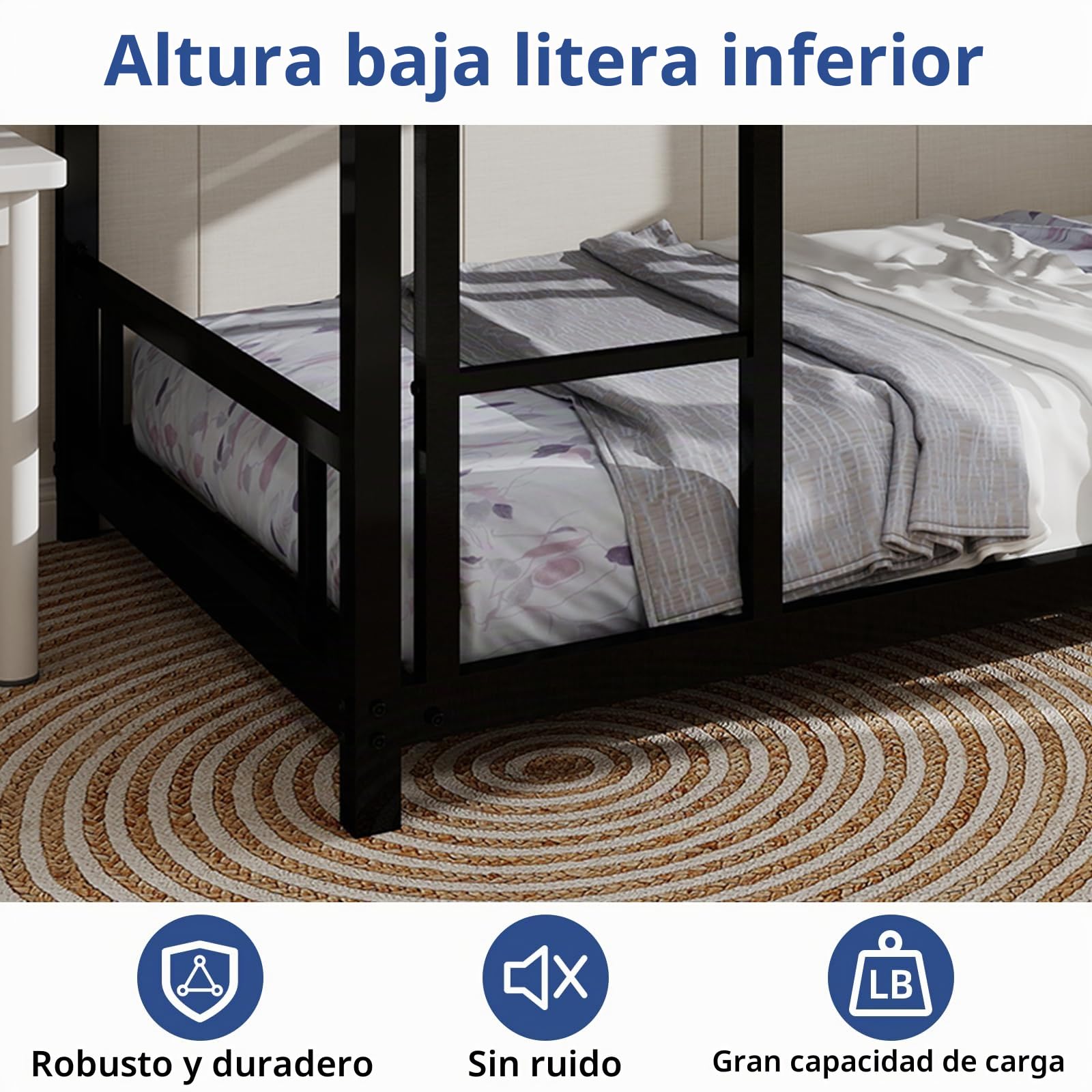 Lubvtti Litera para niños/adolescentes/adultos, cama para niños de 90 x 190 cm, de metal, con escalera y barandilla (C-negro)
