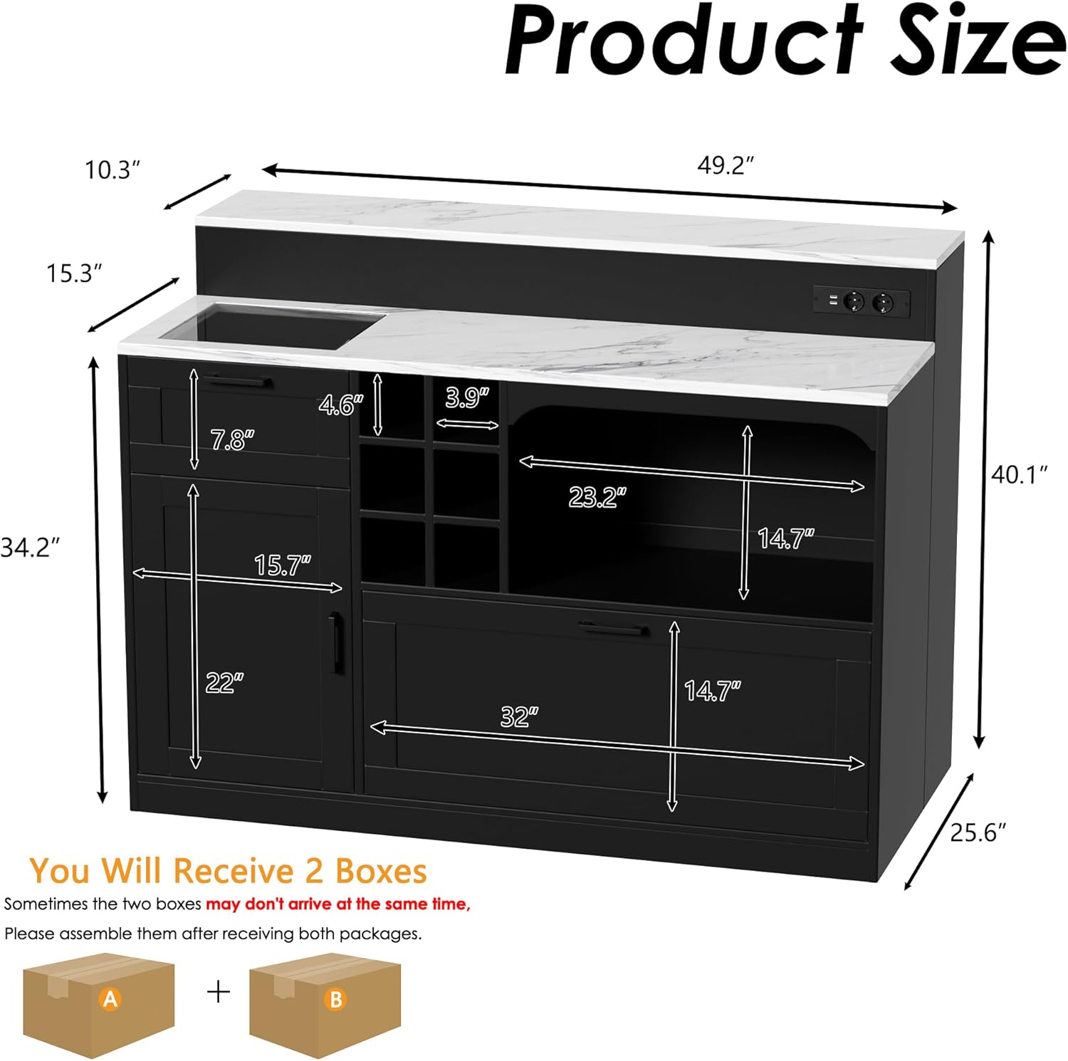 PAKASEPT Kitchen Island with Storage,49'' Imitation Marble Countertop Island Table with Power Outlet,Drawers,Shelves,Coffee Bar Station with Wine Rack,Buffet Sideboard Cabinet for Kitchen Dining Room