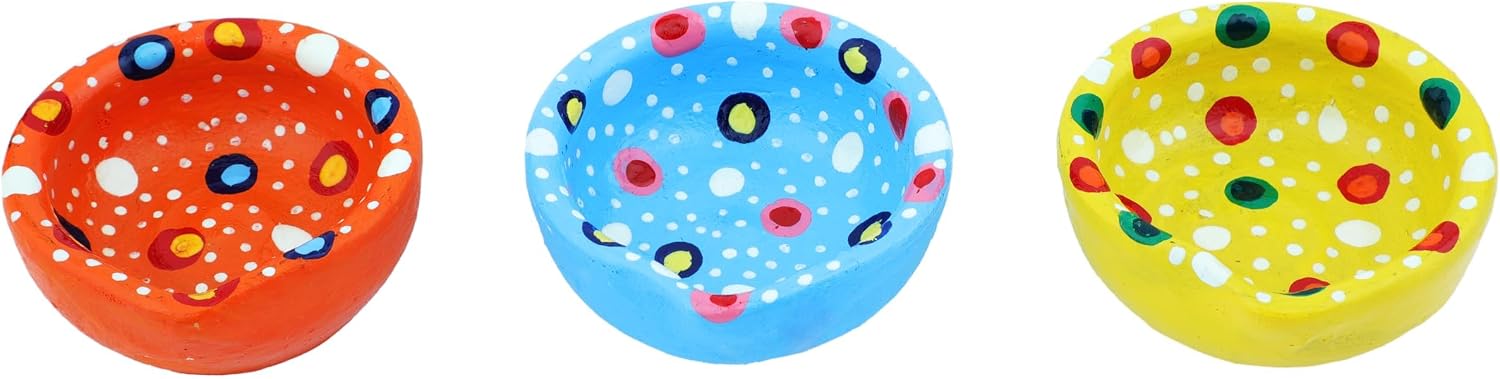 Set of 6 Clay Mitti Diya Decorative Earthen Printed Dots Designer clays oil lamp Diyas for Home Office Decor Indian Festival Diyas Traditional Decorations New Year Return Gifting Ideas (Size-1.5")