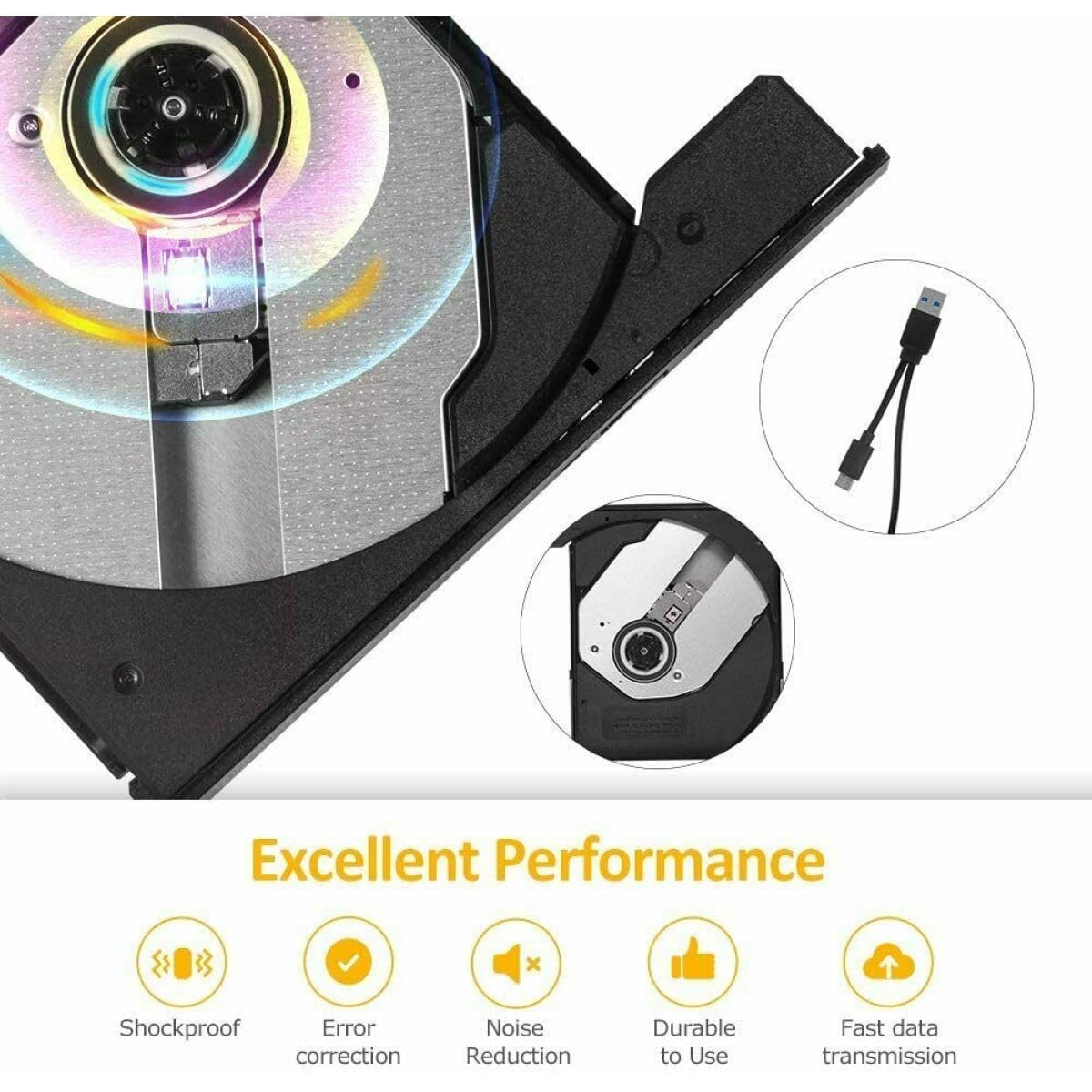 Typec Unità Ottica Esterna USB 3.0 per Laptop e Desktop, Masterizzatore Dvd/CD, Alimentato Via Cavo USB, ABS Nero